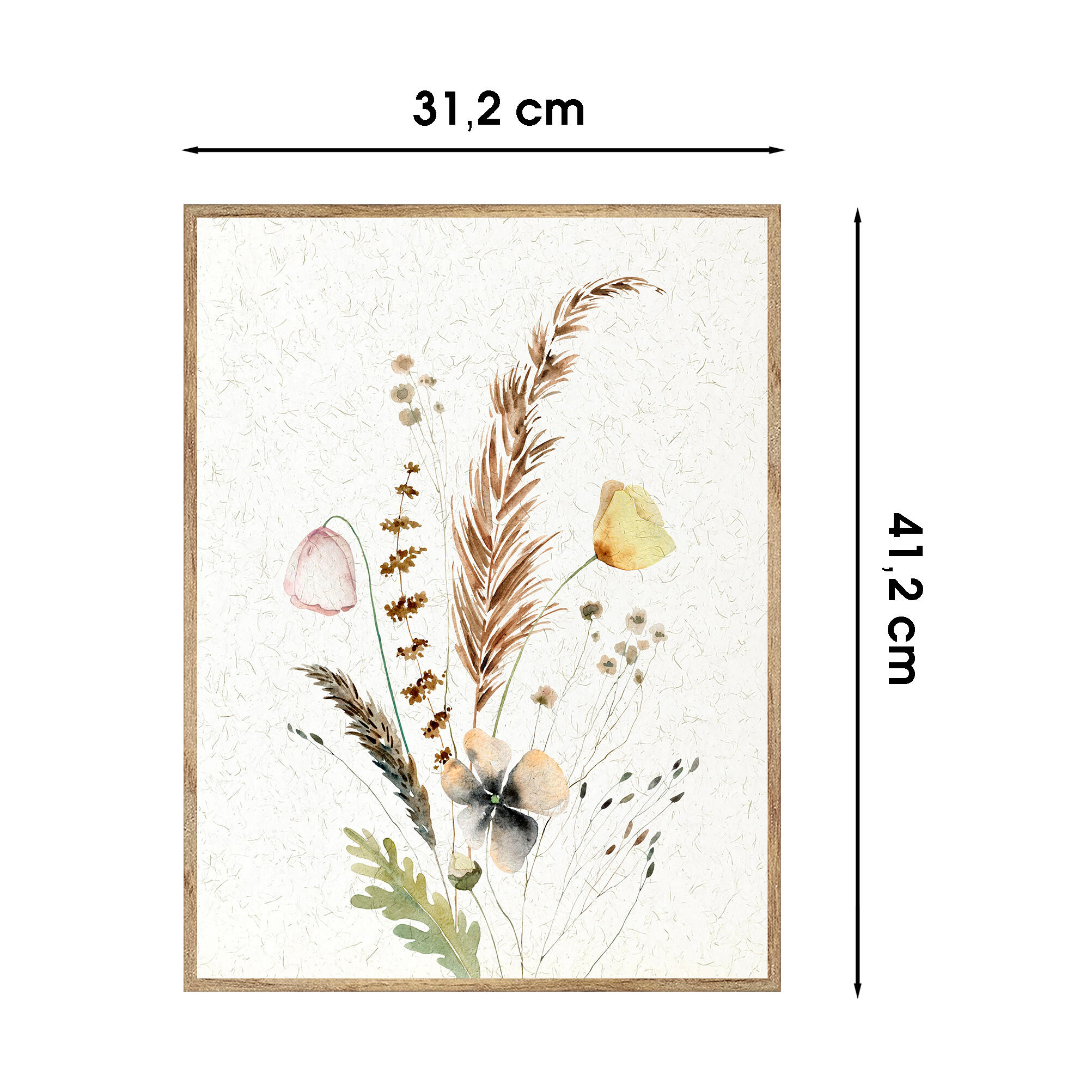 Cuadro pintura impresa enmarcada Botánica rectangular de 31 x 41 cm. MDF Flores secas pluma multicolor. Marco color Haya - 3