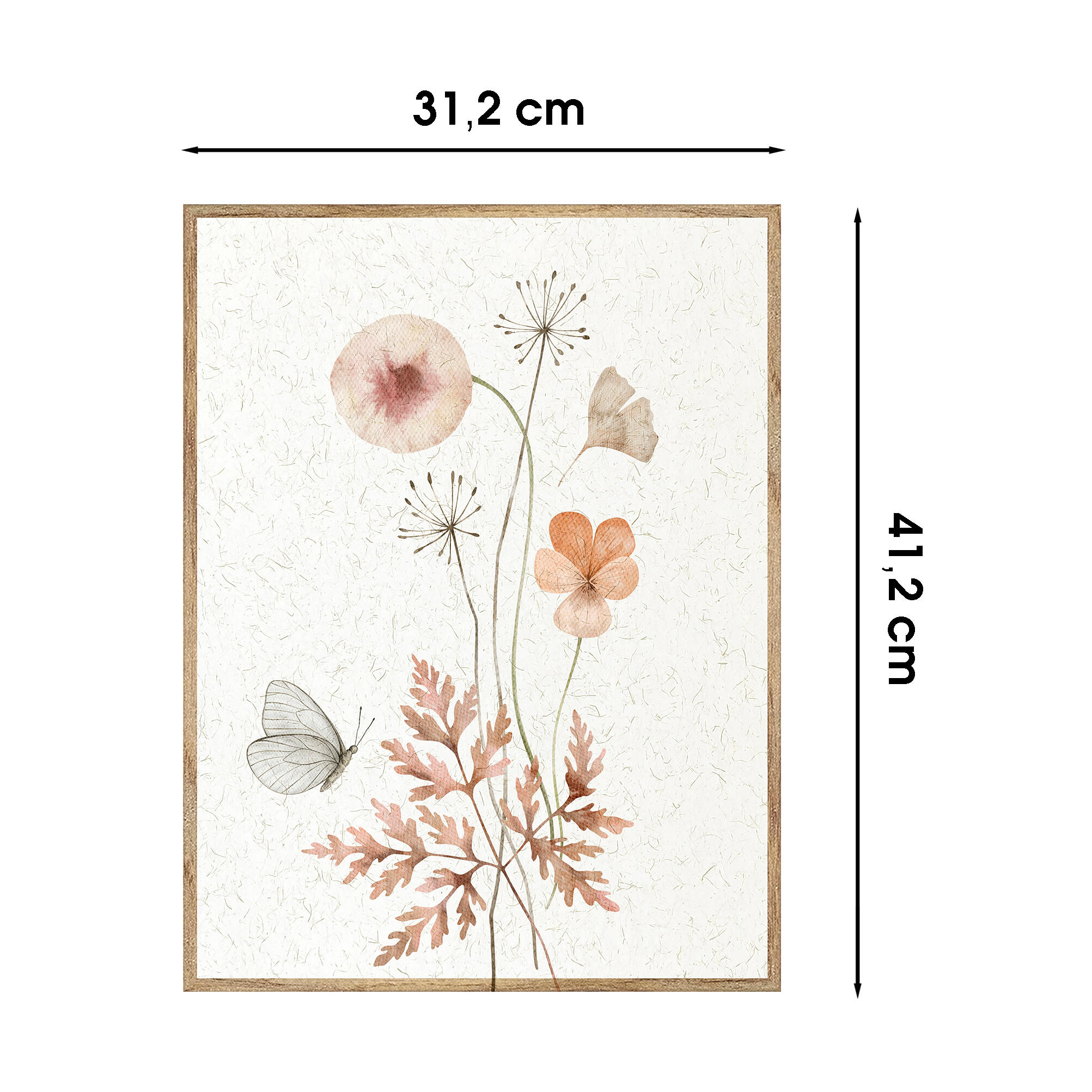 Cuadro pintura impresa enmarcada Botánica rectangular de 31 x 41 cm. MDF Flor Mariposa Lino multicolor. Marco color Haya - 3