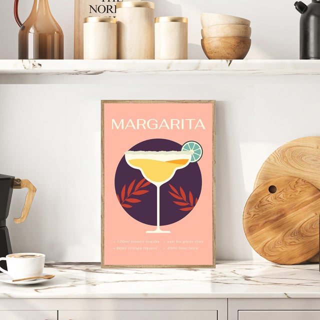 Cuadro pintura impresa enmarcada Comida y Bebida rectangular de 21 x 31 cm. MDF Copa Margarita multicolor. Marco color Haya