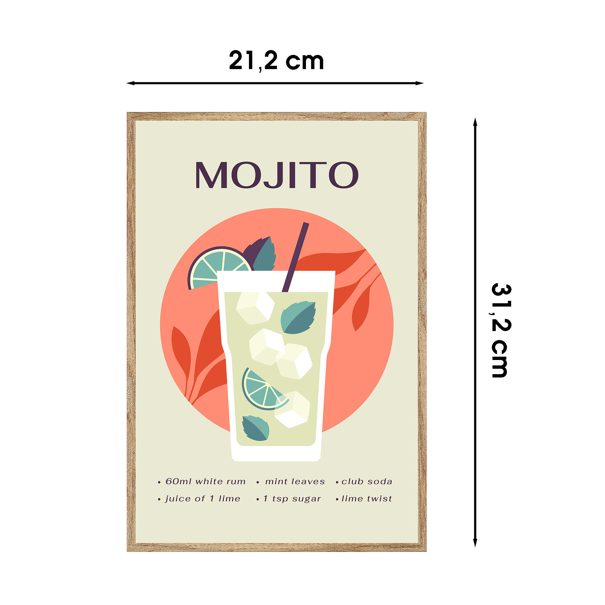 Cuadro pintura impresa enmarcada Comida y Bebida rectangular de 21 x 31 cm. MDF Vaso Mojito multicolor. Marco color Haya - 3
