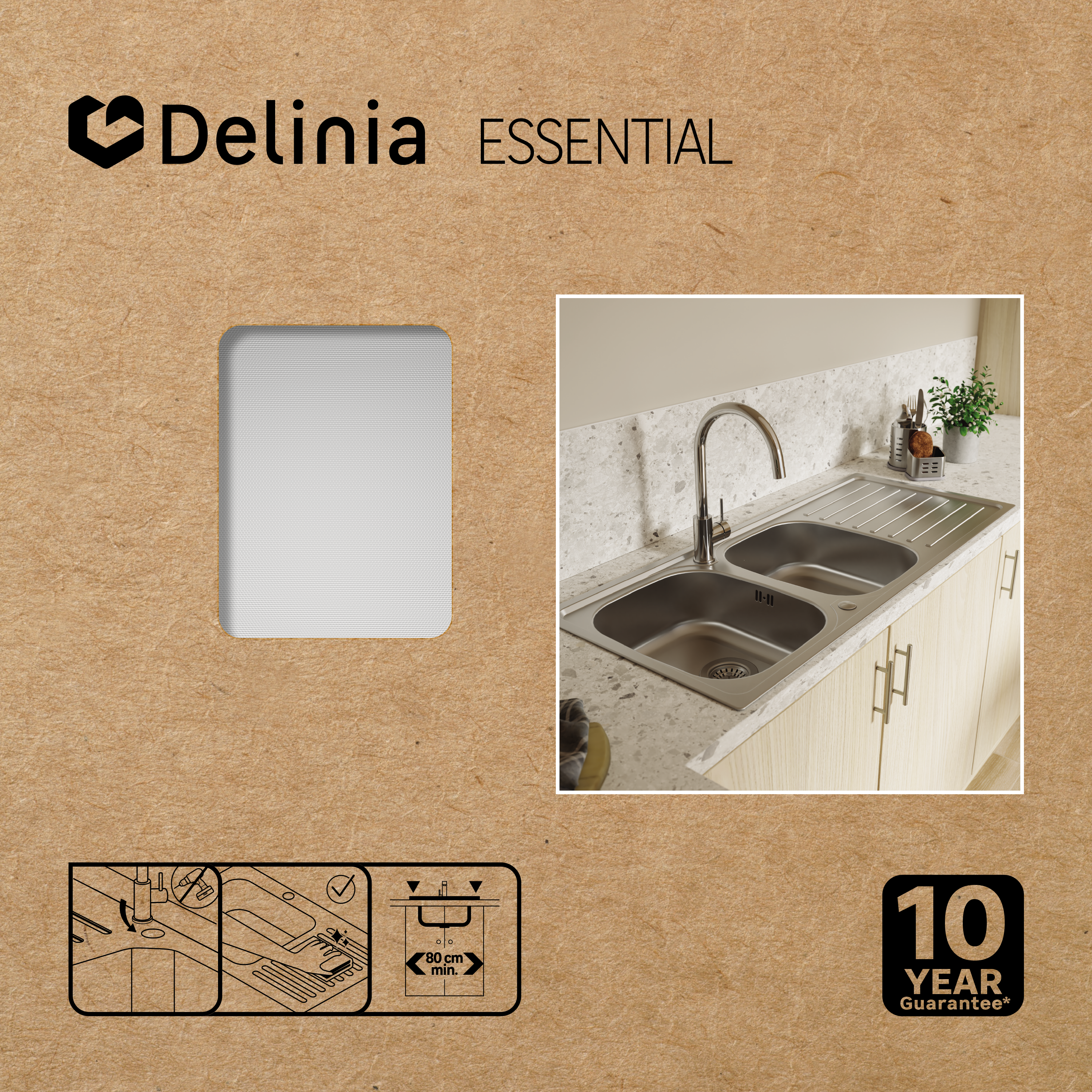 Evier à encastrer 2 bacs avec égouttoir, ESSENTIEL, Inox anti-rayures - 6