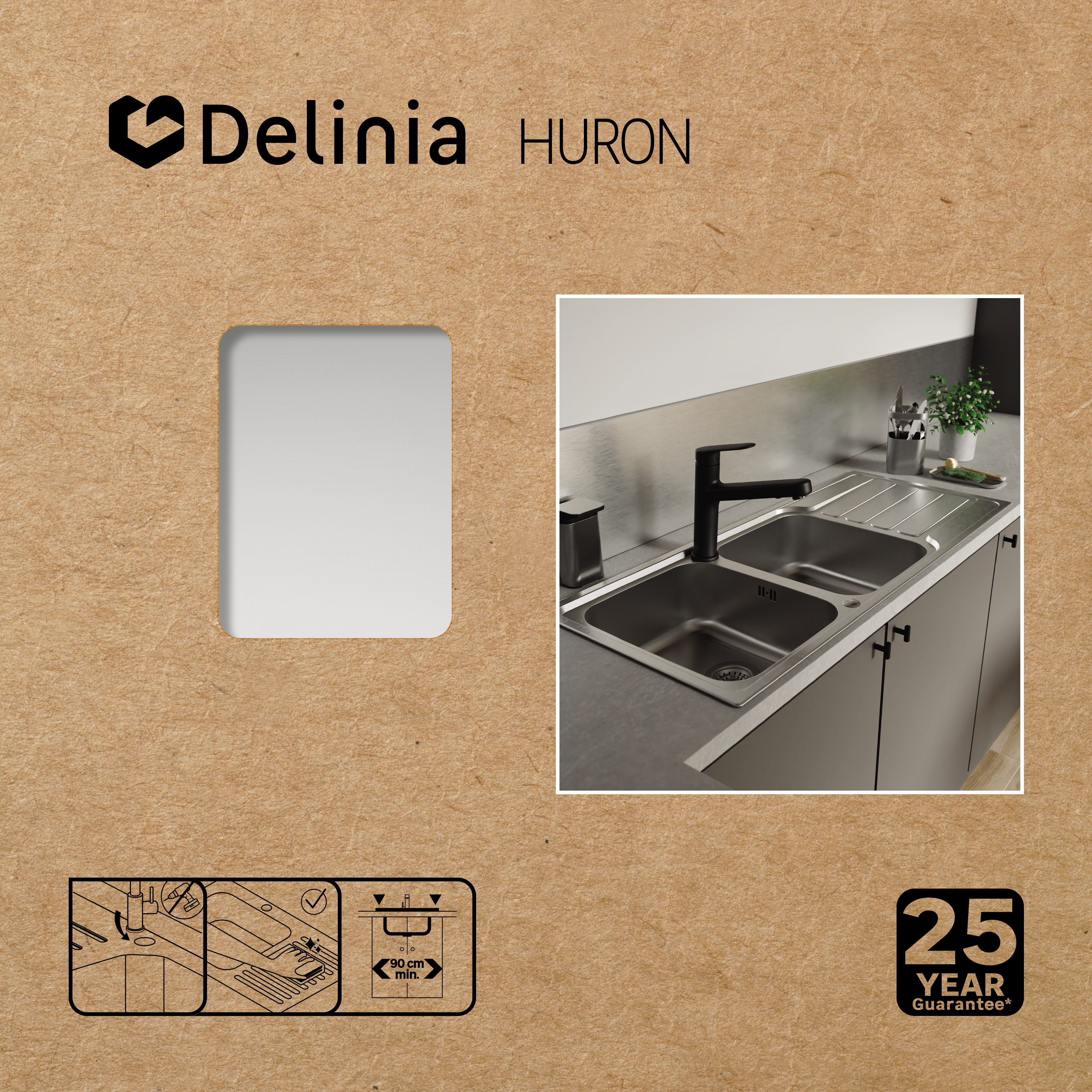 Evier à encastrer 2 bacs avec égouttoir, HURON, Inox micro structuré - 5