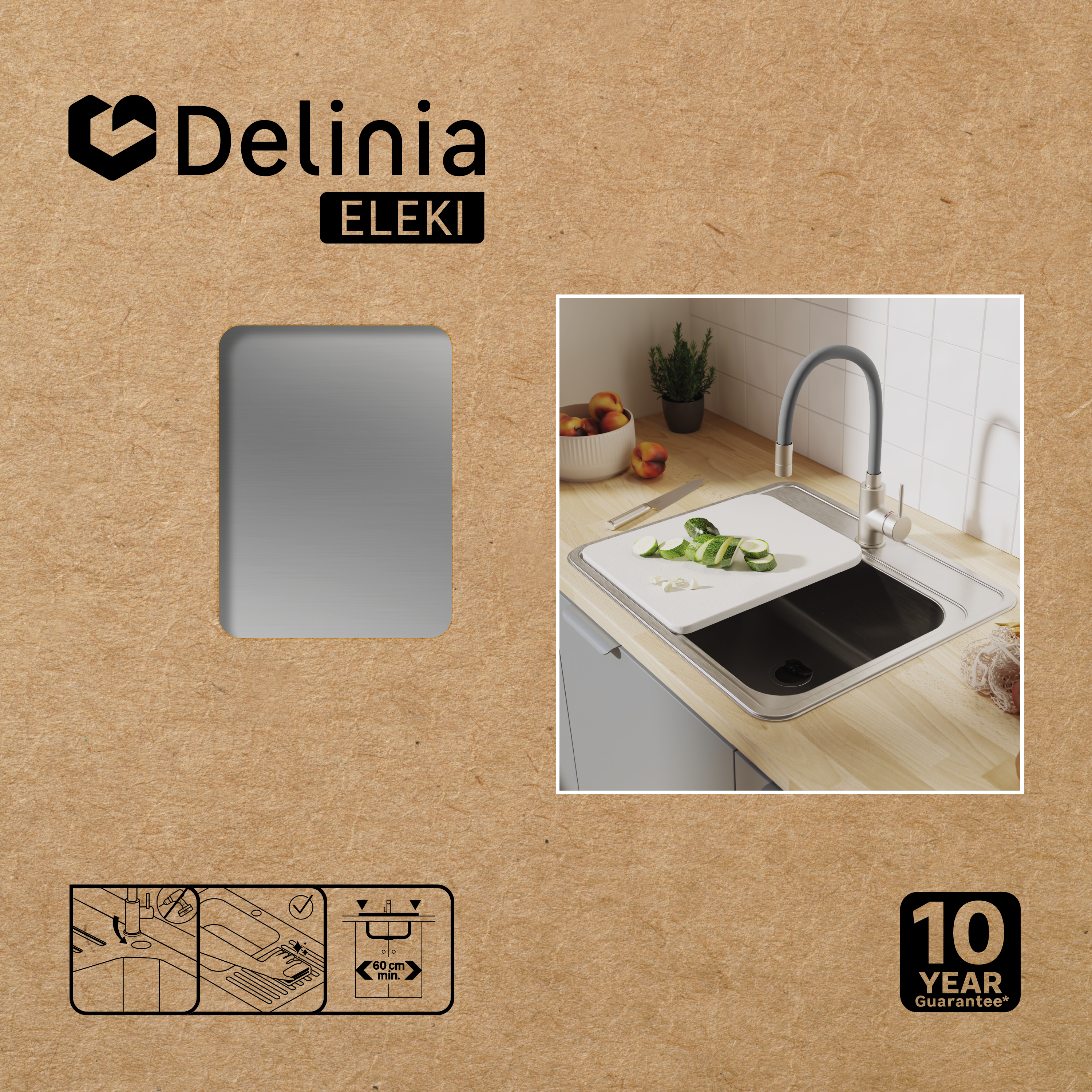 Lavello sopratop 1 vasca in inox argento DELINIA Eleki con tagliere L 56 x L 48 cm - 4