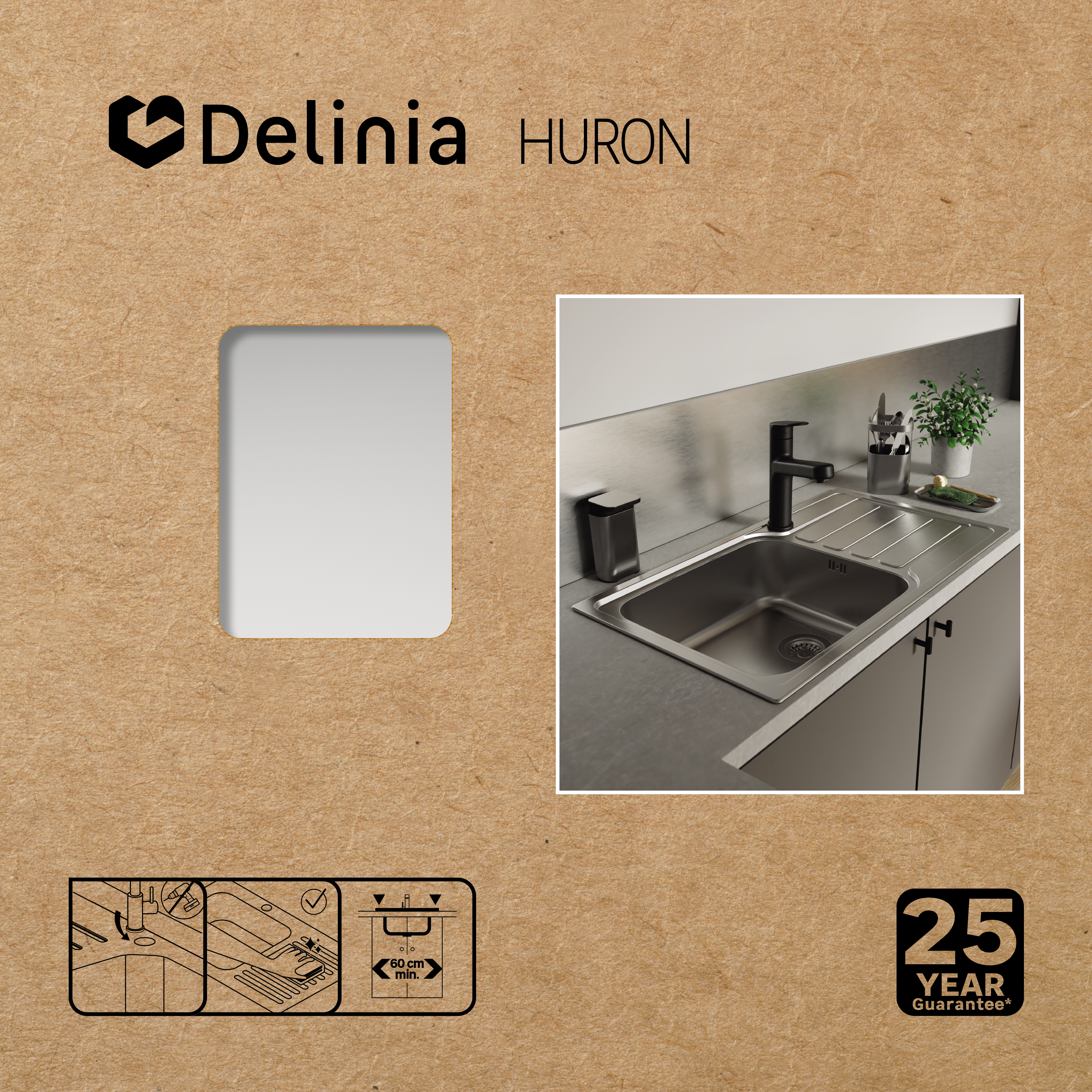 Evier à encastrer, 1 bac avec égouttoir, HURON Inox micro structuré - 5