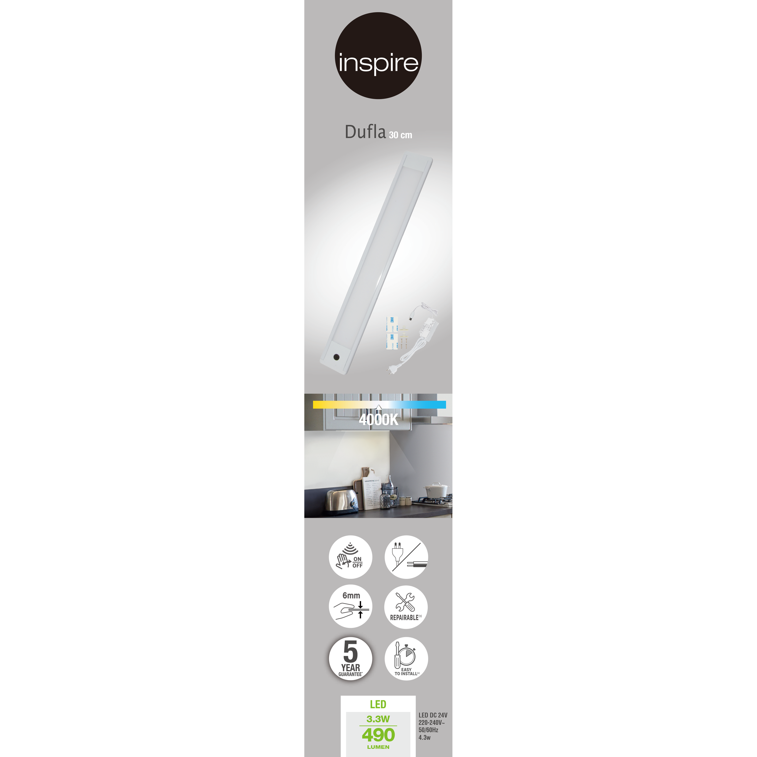 Réglette dessous de meuble LED Dufla L.30cm détection main, blanc neutre INSPIRE - 6