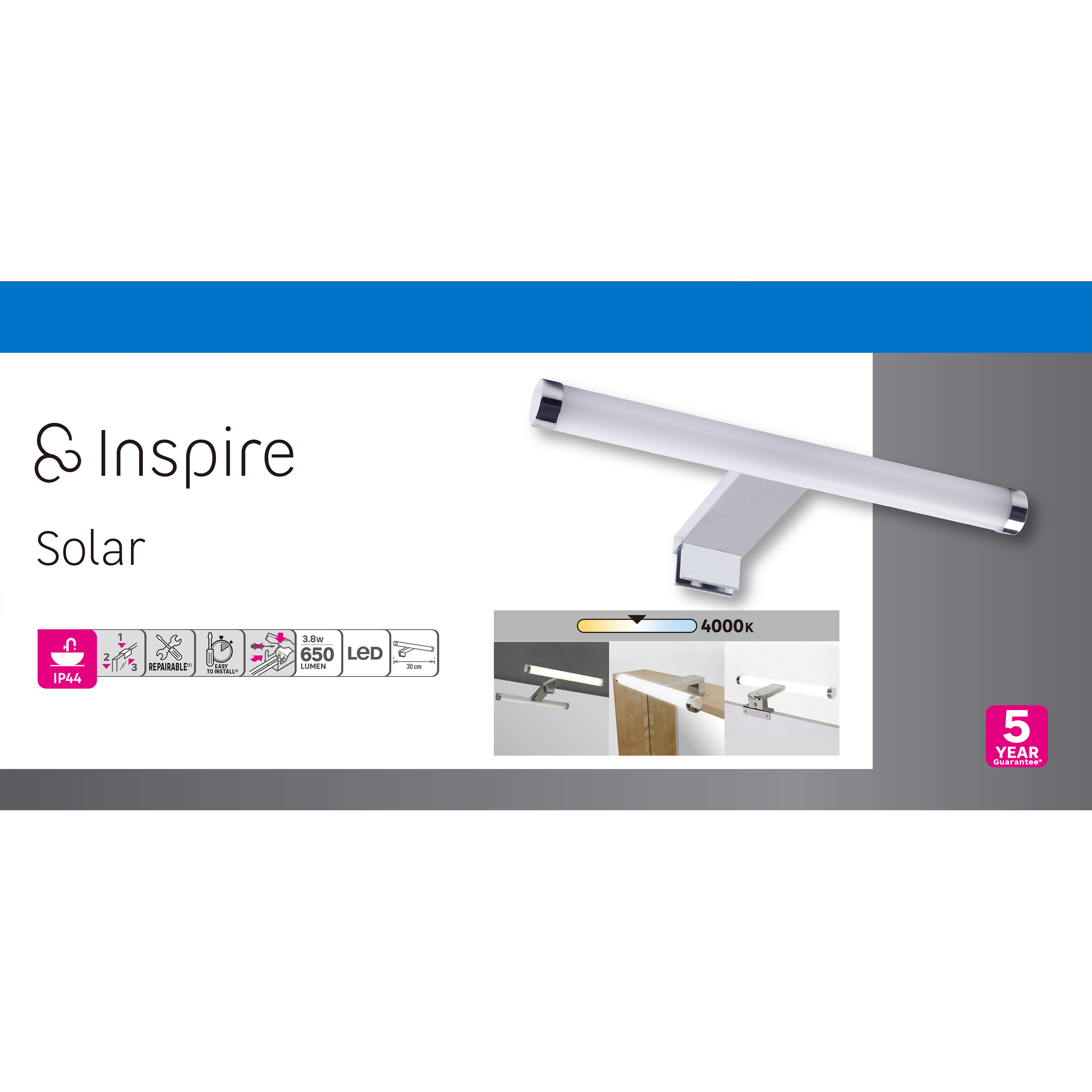 Applique LED salle de bain Solar, L.30cm 650 lumens blanc neutre, chrome INSPIRE - 4