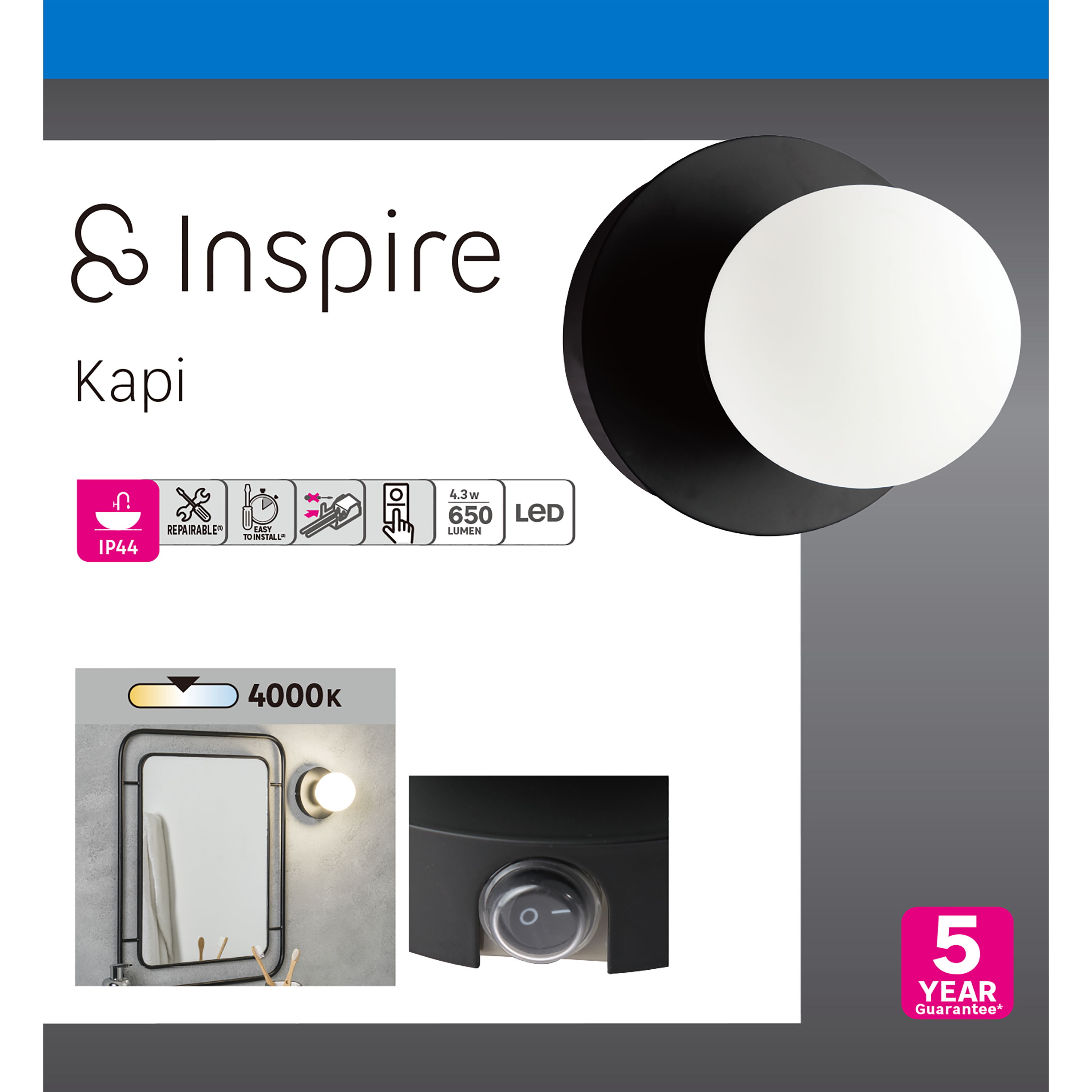 Applique LED salle de bain Kapi 650 lumens blanc neutre, noir INSPIRE - 6