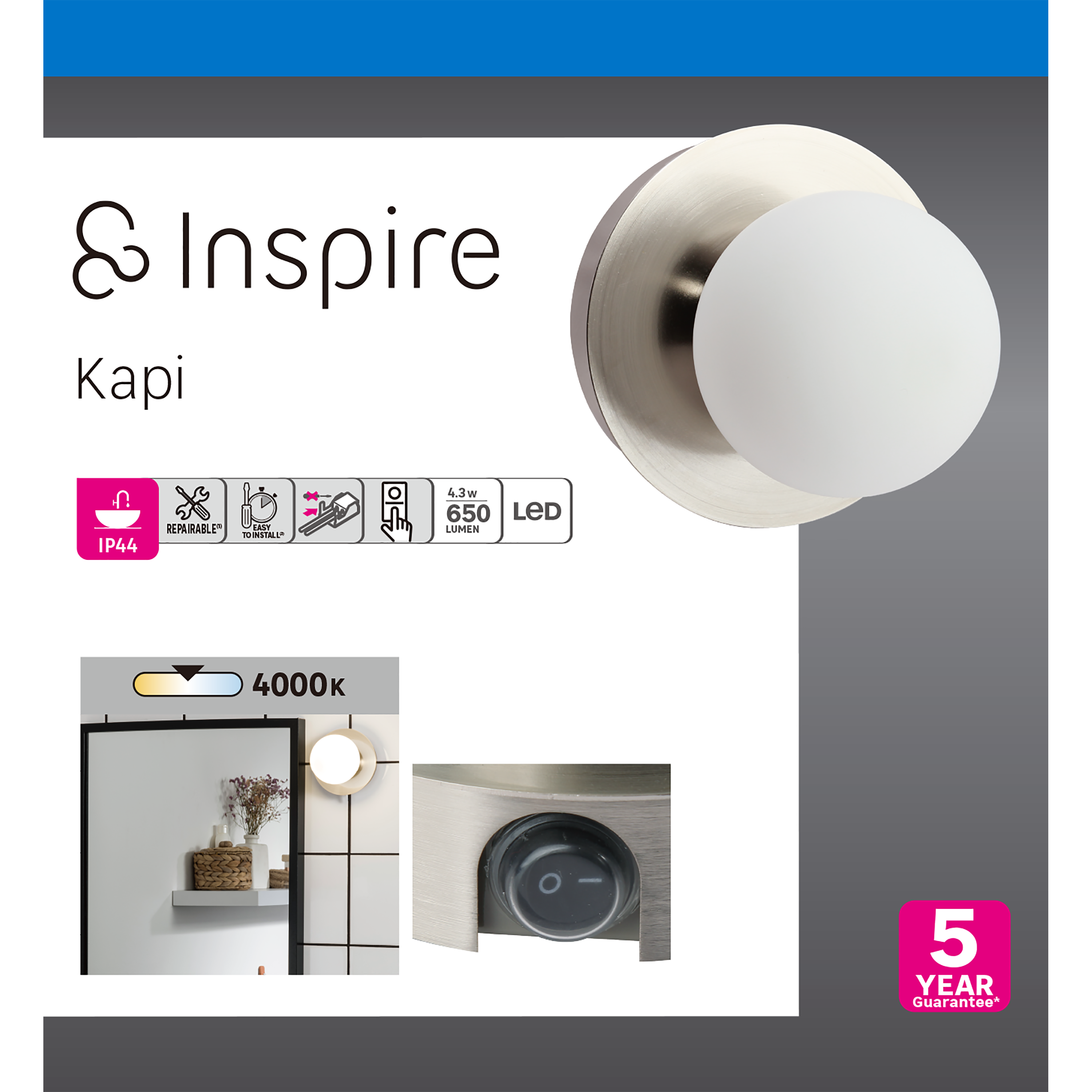 Aplique com lâmpada LED 650lm IP44 W 11x11.2x11.2 cm cinza / prateado INSPIRE - 7