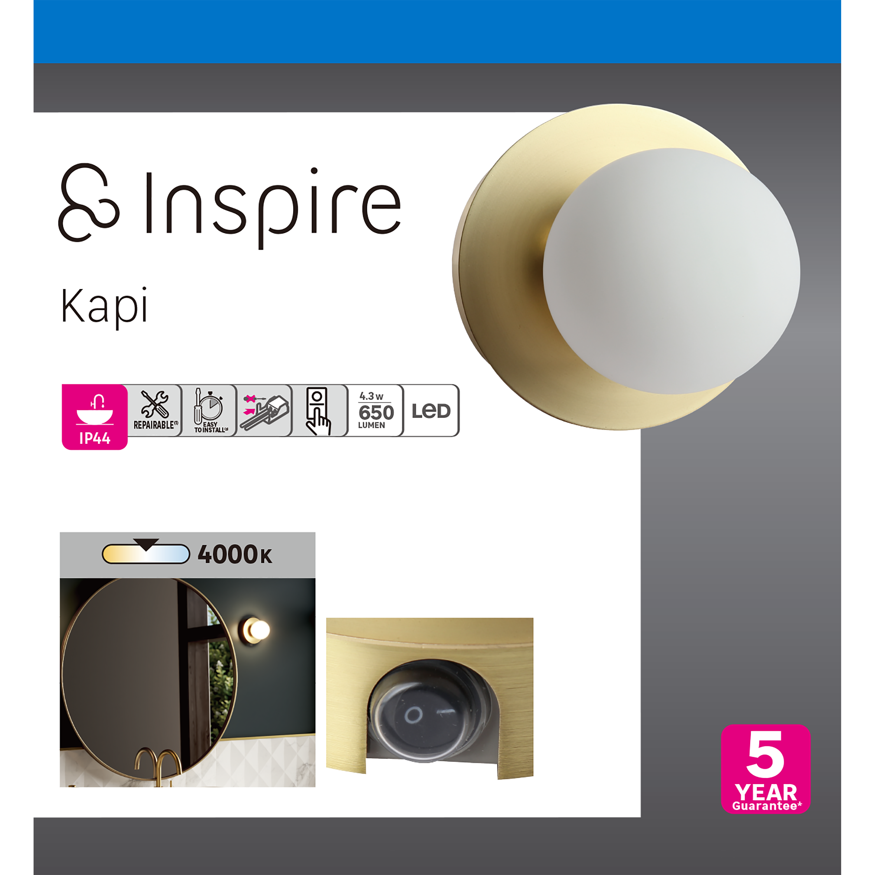 Applique LED salle de bain Kapi 650 lumens blanc neutre, laiton INSPIRE - 6