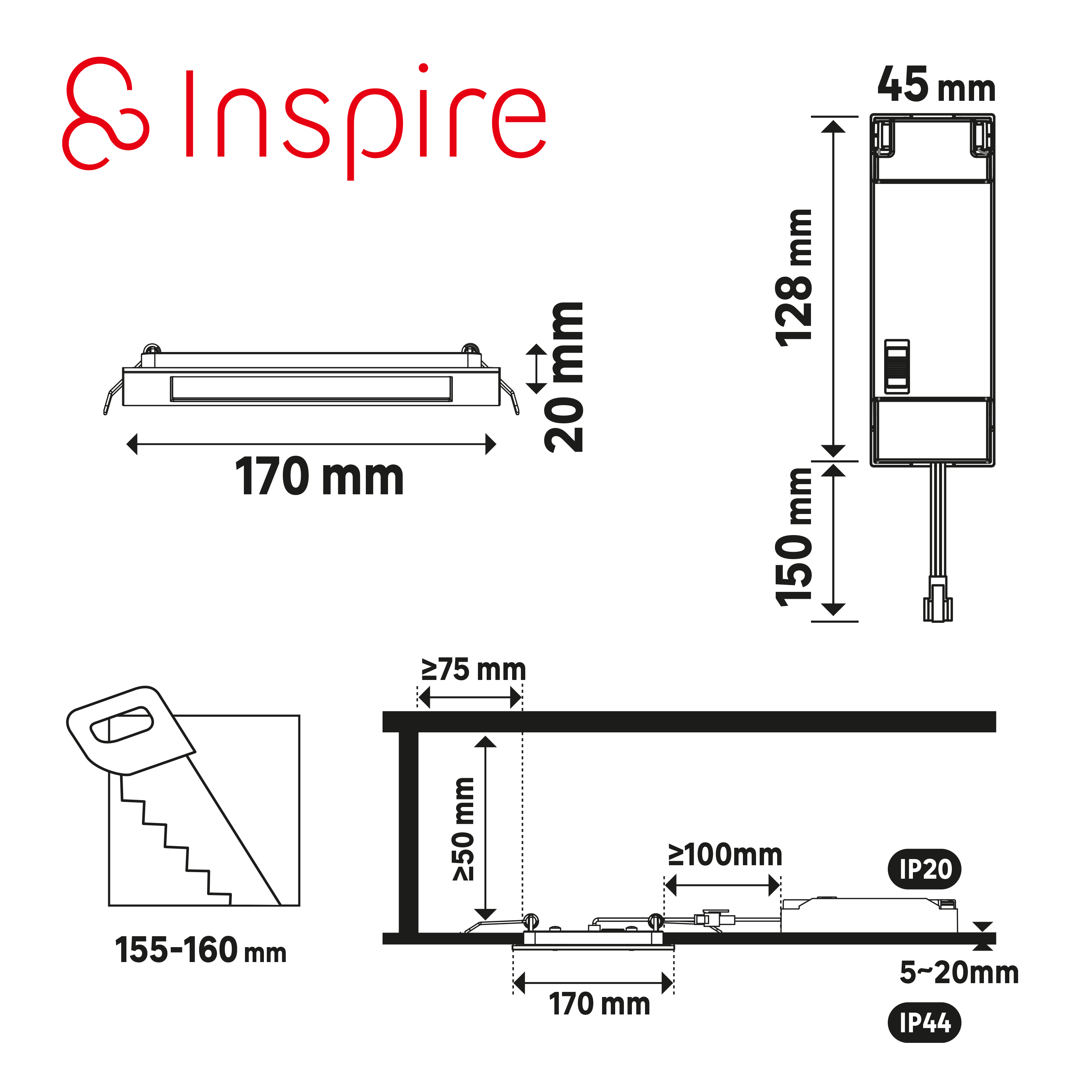 Foco incorporado com fonte de luz LED 2600lm IP44 16.5W 17x2x2 cm branco INSPIRE - 6