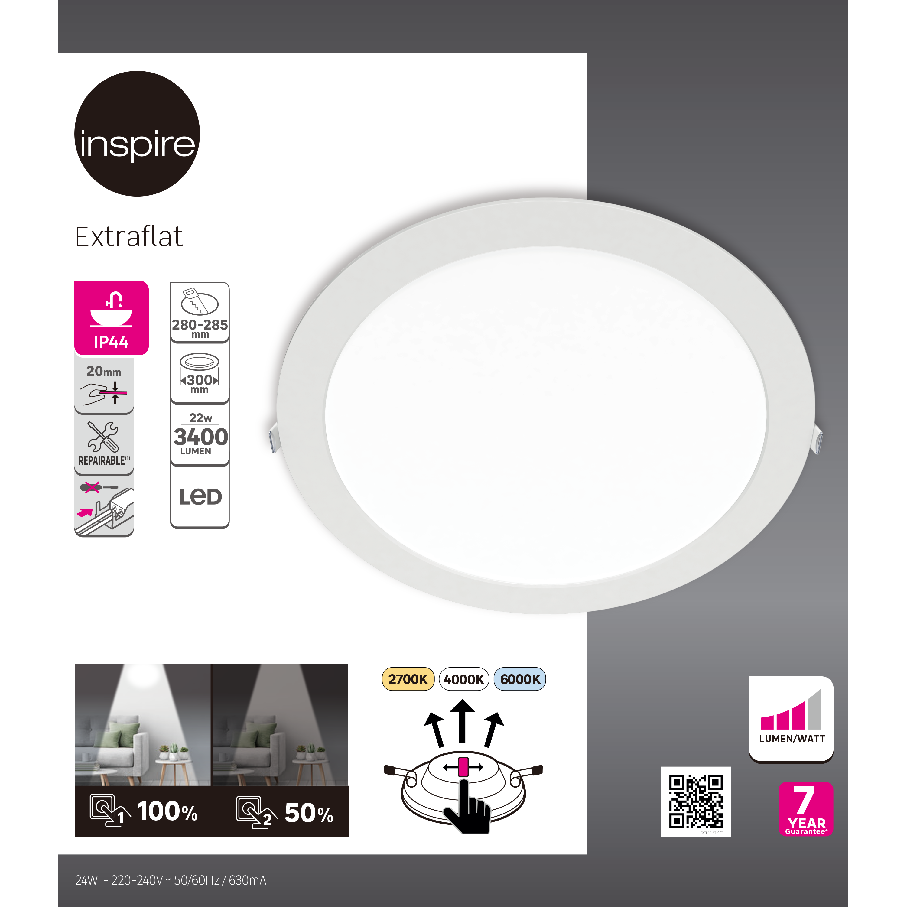 Downlight LED empotrable INSPIRE EXTRAFLAT blanco redondo ø30 cm 3400 lm 22 W luz CCT 2700K-6000KK CRI 89-80 luz natural y fiel IP44 - Foco LED empotrado para baños - 6