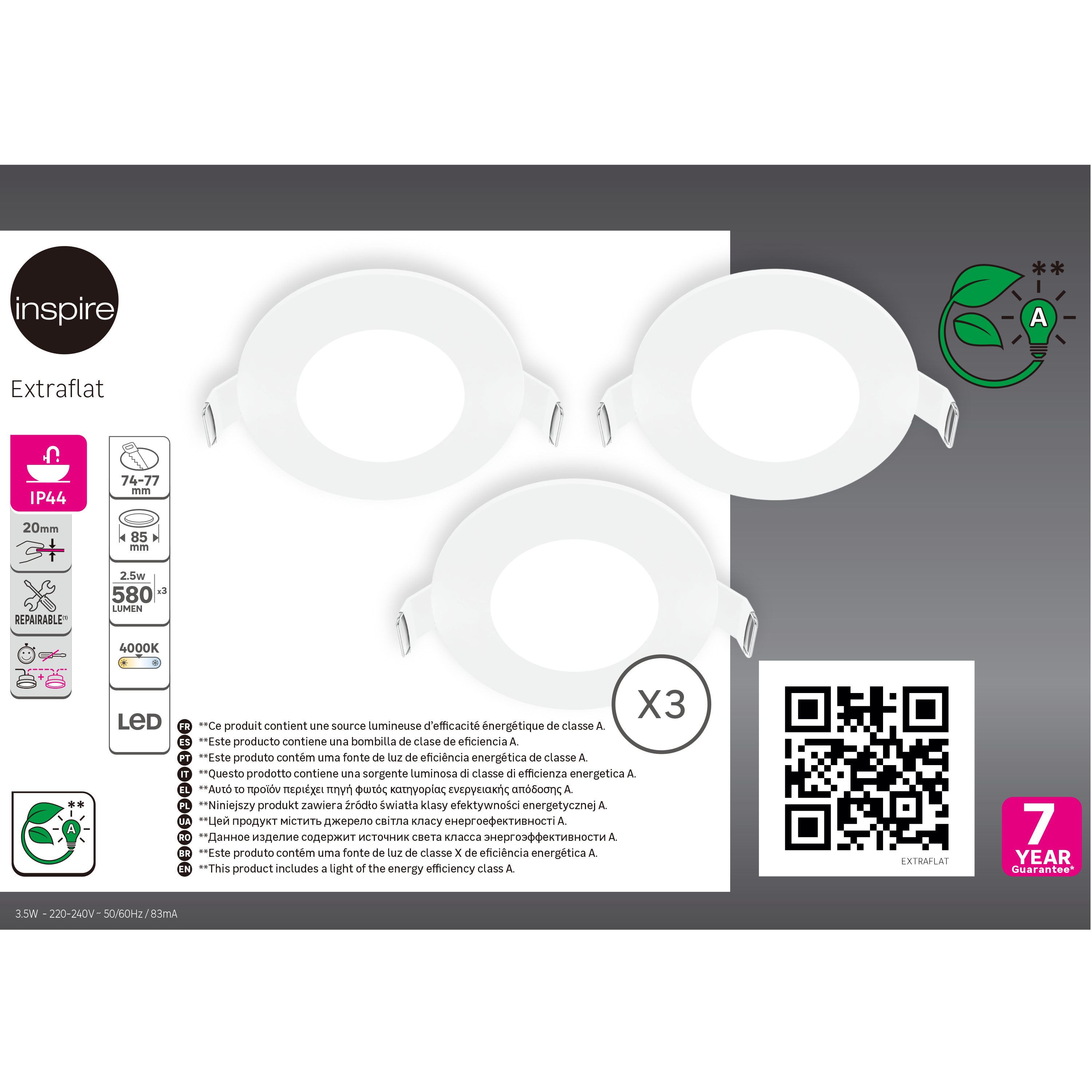 Lot de 3 spots à fixer LED Extraflat Classe A, blanc neutre, rond blanc INSPIRE - 10