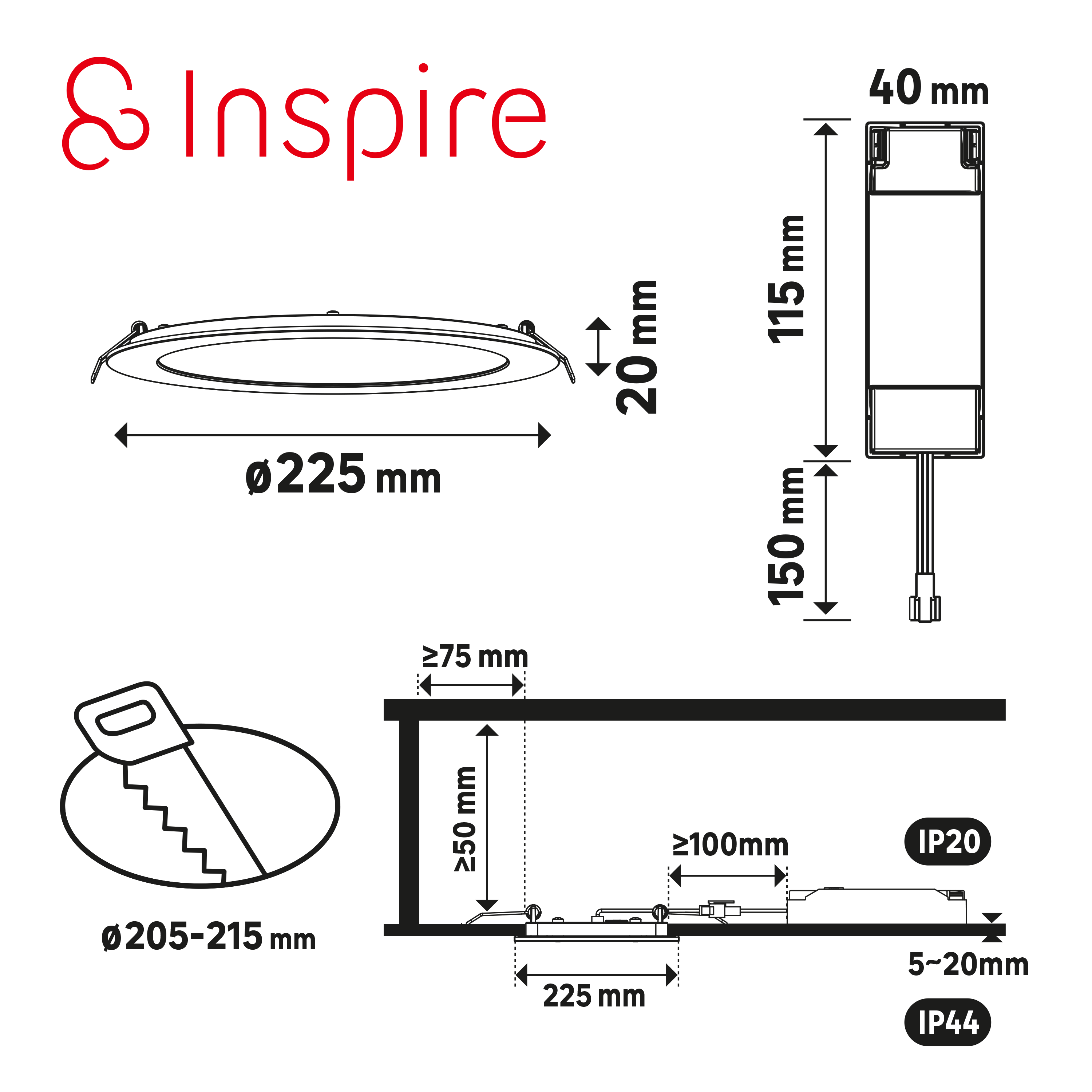 Downlight LED empotrable INSPIRE EXTRAFLAT blanco redondo ø22.5 cm 2200 lm 9.7 W luz blanco neutro 4000K CRI 89-80 luz natural y fiel IP44 - Foco LED empotrado para baños - 6