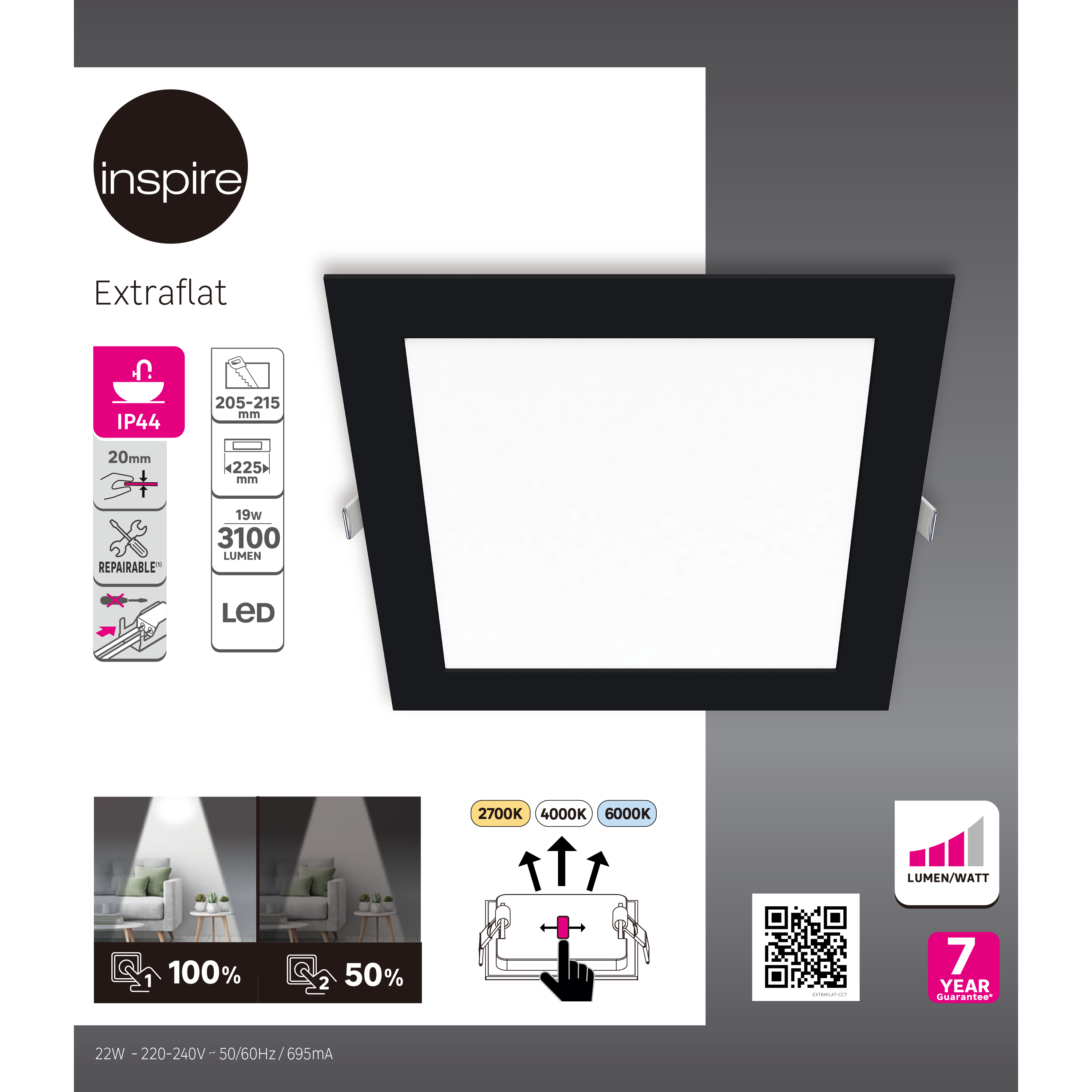 Downlight LED empotrable INSPIRE Extraflat negro cuadrado ø22.5 cm 3100 lm 19 W luz color luz de cálida a fría CCT (2700K-6000K) IP44 - Foco LED empotrado para baños - 4