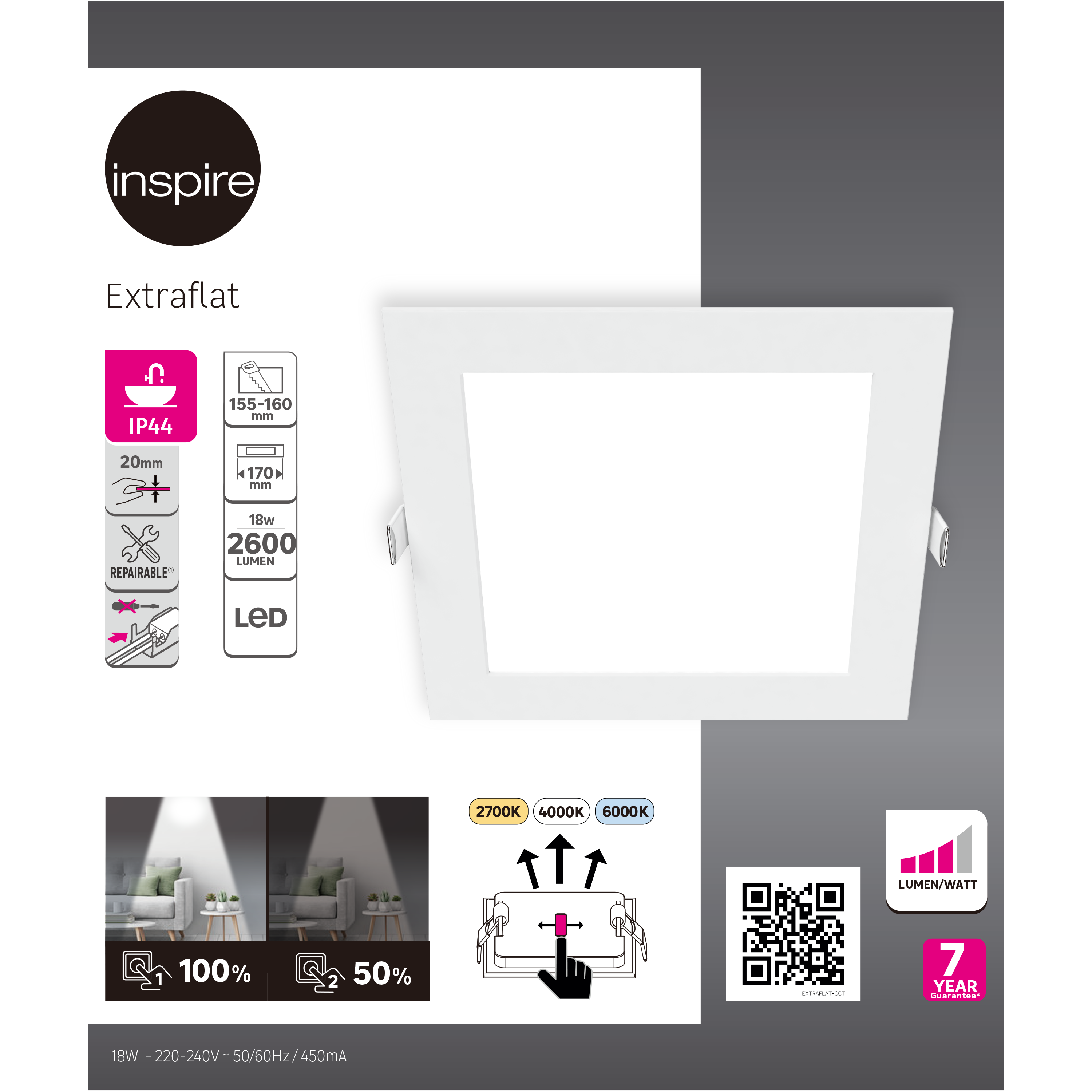 Foco incorporado com fonte de luz LED 2600lm IP44 16.5W 17x2x2 cm branco INSPIRE - 7