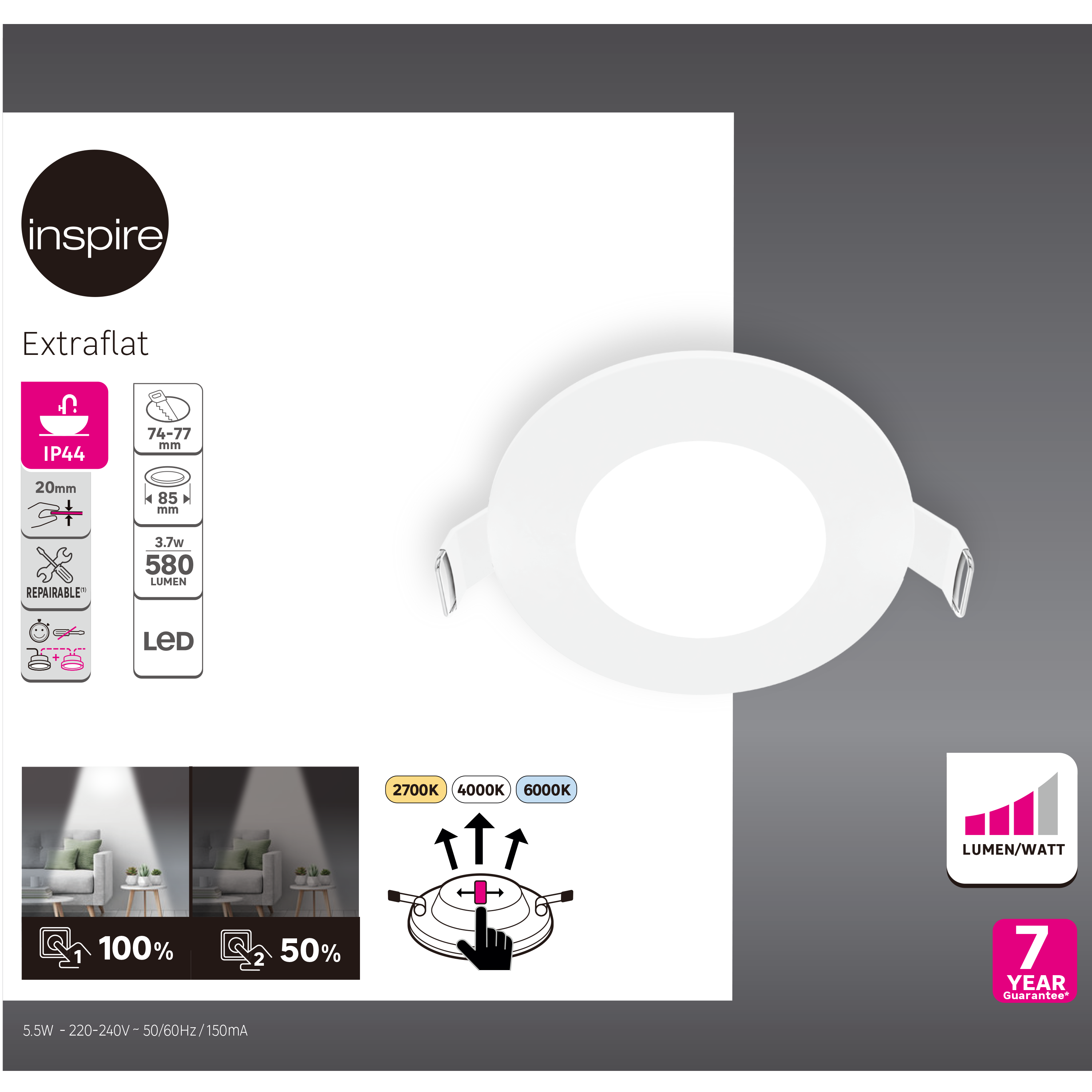 Spot encastré LED Extraflat IP44 D8,5 variation blancs / intensité blanc INSPIRE - 2