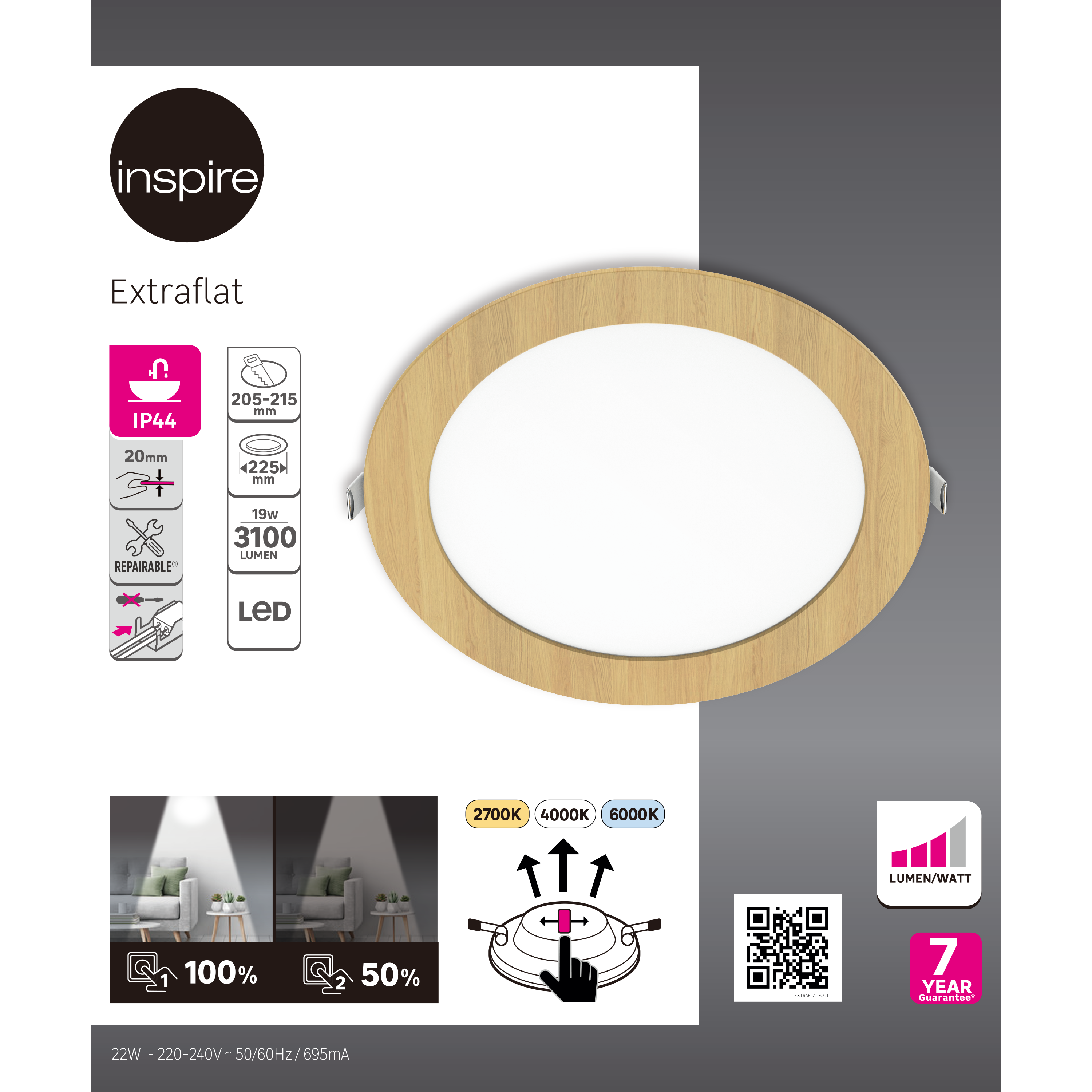 Spot encastré LED Extraflat IP44 D.22,5 variation blancs/intensité bois INSPIRE - 6