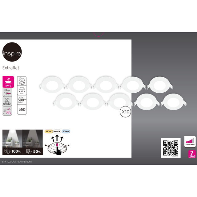 10 spots encastrés LED Extraflat IP44 D8,5 variation blancs / intensité INSPIRE