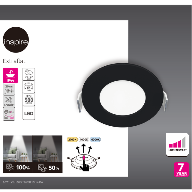Spot encastré LED Extraflat IP44 D8,5 variation blancs / intensité, noir INSPIRE