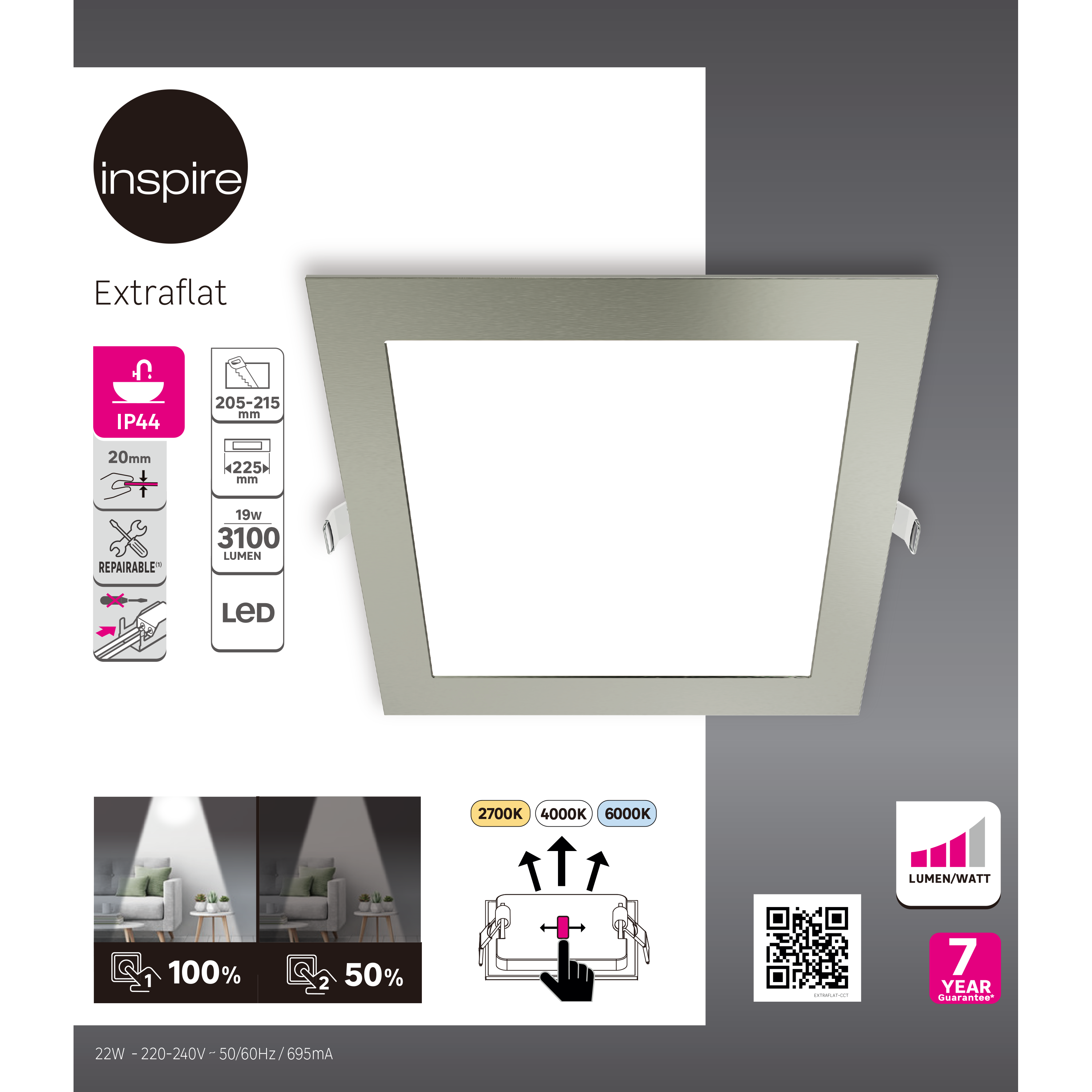 Downlight LED empotrable INSPIRE Extraflat gris cuadrado ø22.5 cm 3100 lm 19 W luz color luz de cálida a fría CCT (2700K-6000K) IP44 - Foco LED empotrado para baños - 3