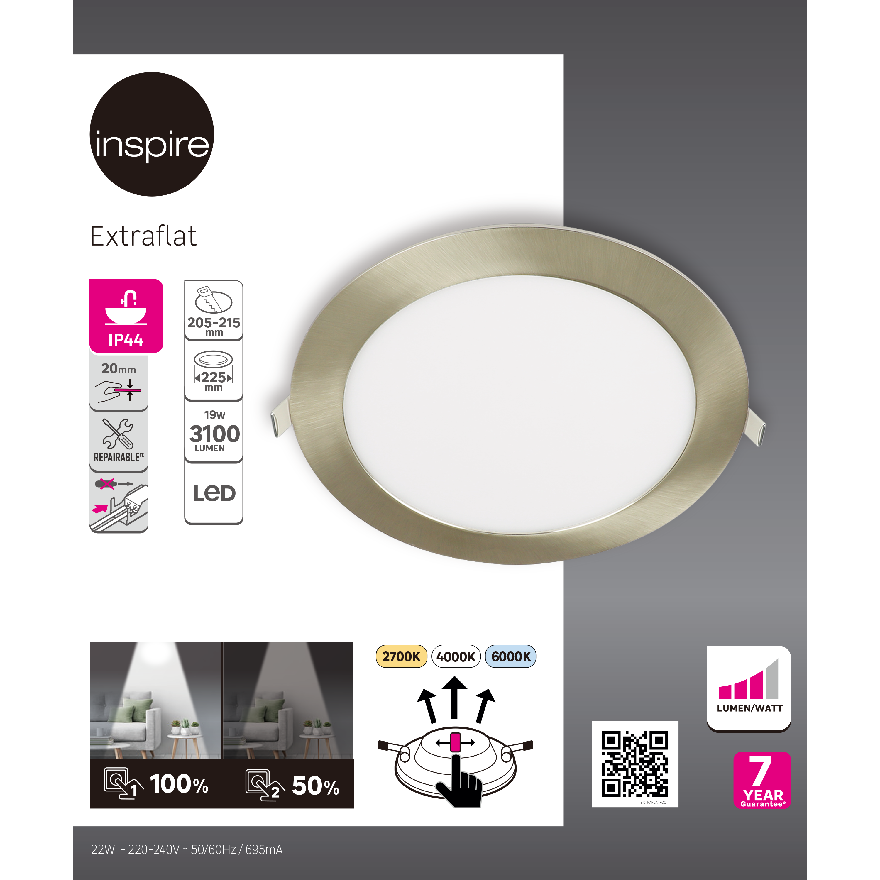 Foco incorporado com fonte de luz Extraflat LED 3100lm IP44 22.5x2x2 cm cinza Inspire - 7