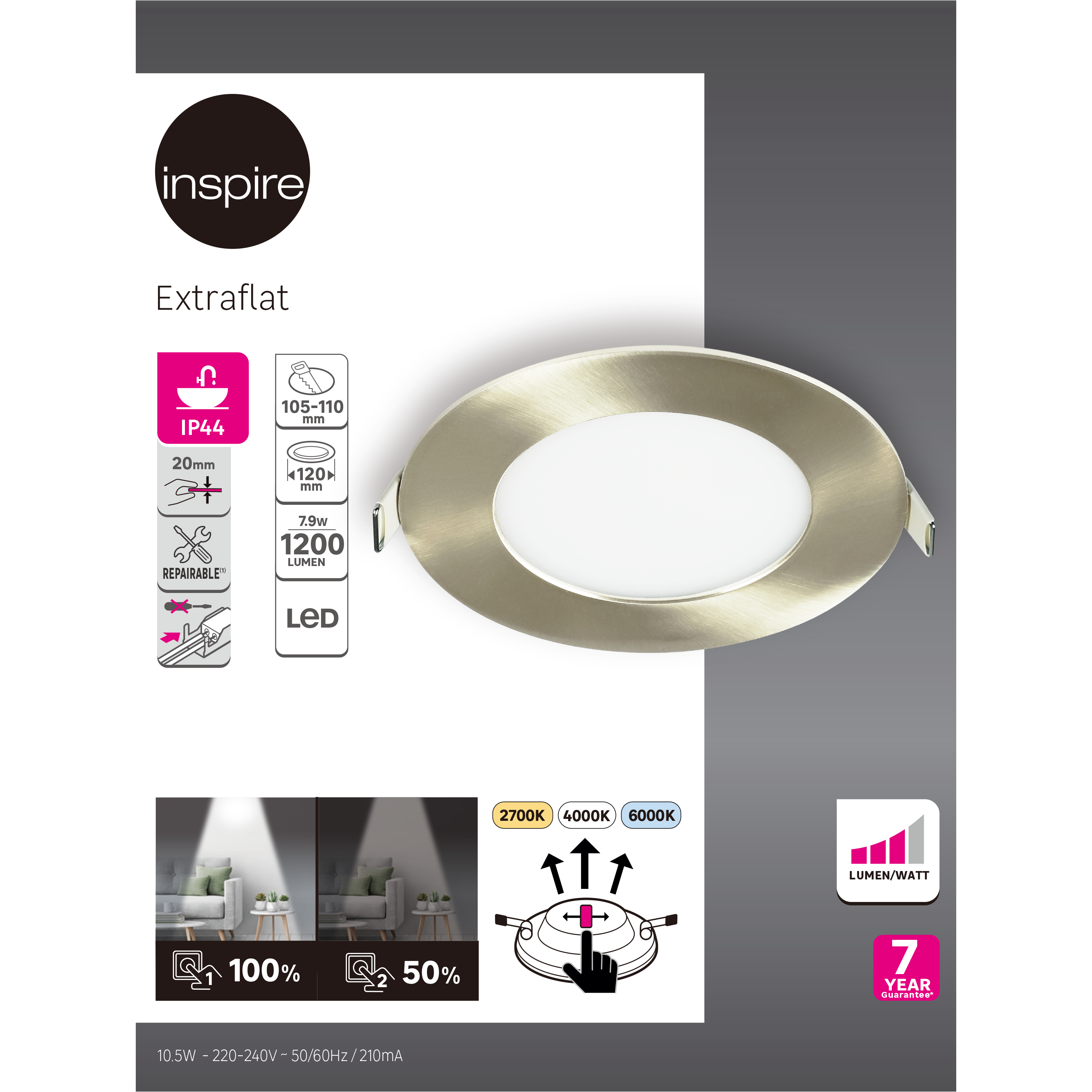 Foco incorporado com fonte de luz LED 1200lm IP44 7.9W 12x2x2 cm cinza / prateado INSPIRE - 7