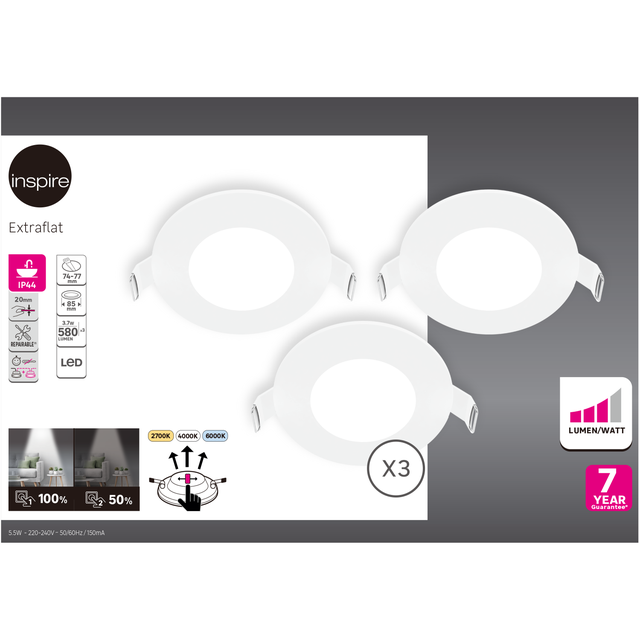3 spots encastrés LED Extraflat IP44 D8,5 variation blancs / intensité INSPIRE