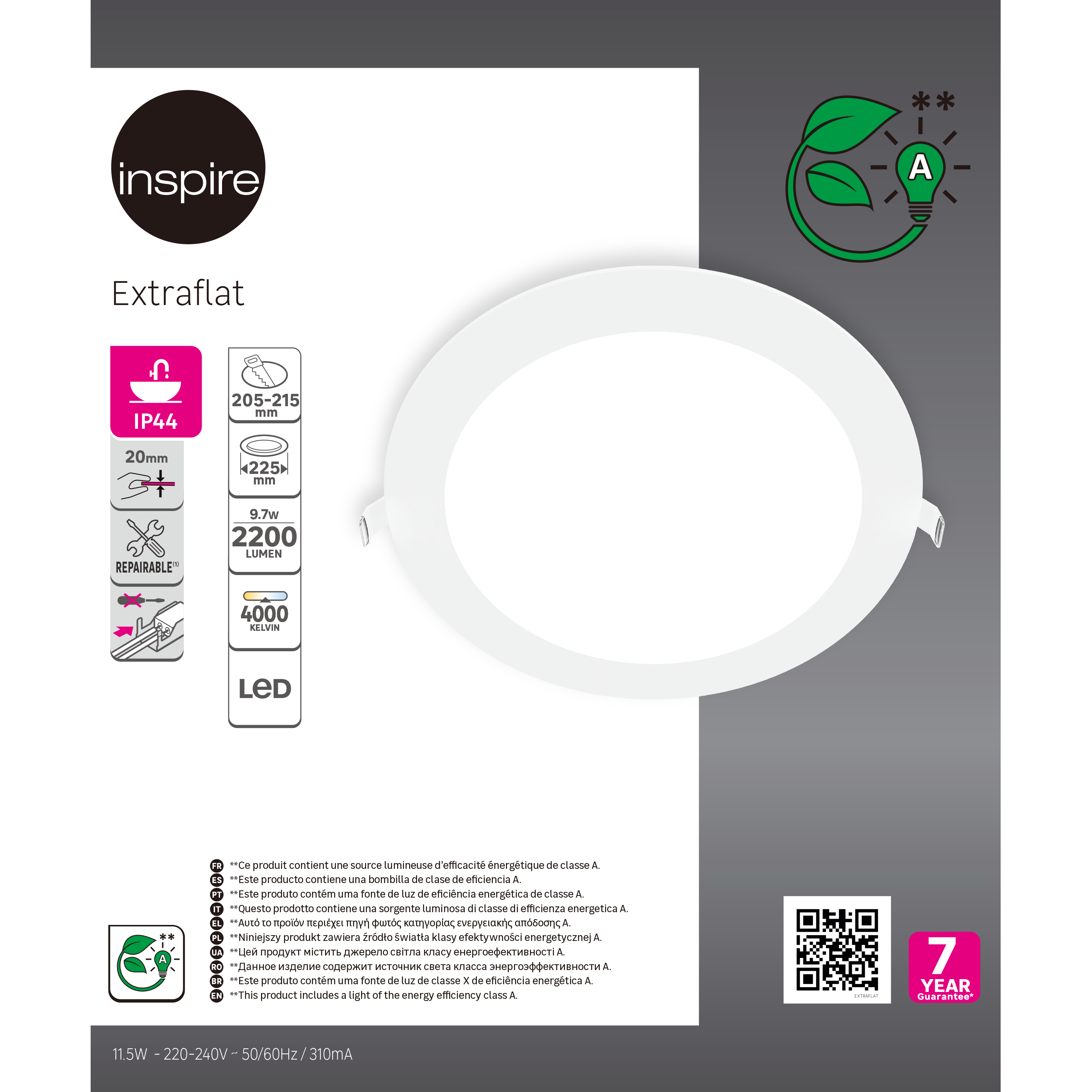 Downlight LED empotrable INSPIRE EXTRAFLAT blanco redondo ø22.5 cm 2200 lm 9.7 W luz blanco neutro 4000K CRI 89-80 luz natural y fiel IP44 - Foco LED empotrado para baños - 5