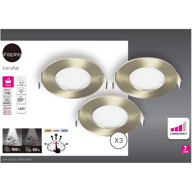 Lot 3 spots encastrés LED Extraflat IP44 D8,5 variation blancs/intensité INSPIRE
