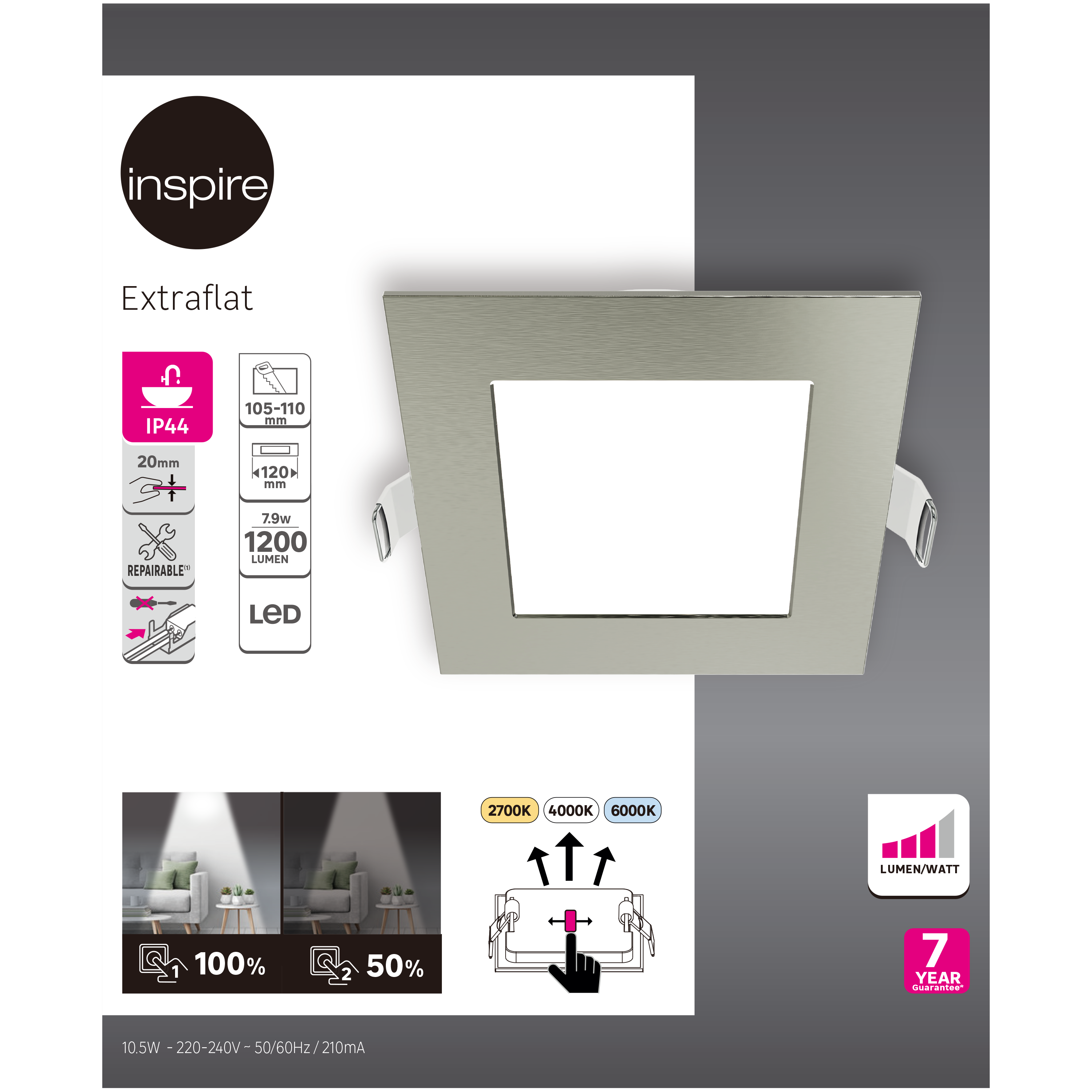 Downlight LED empotrable INSPIRE Extraflat gris cuadrado ø12 cm 1200 lm 7.9 W luz color luz de cálida a fría CCT (2700K-6000K) IP44 - Foco LED empotrado para baños - 4