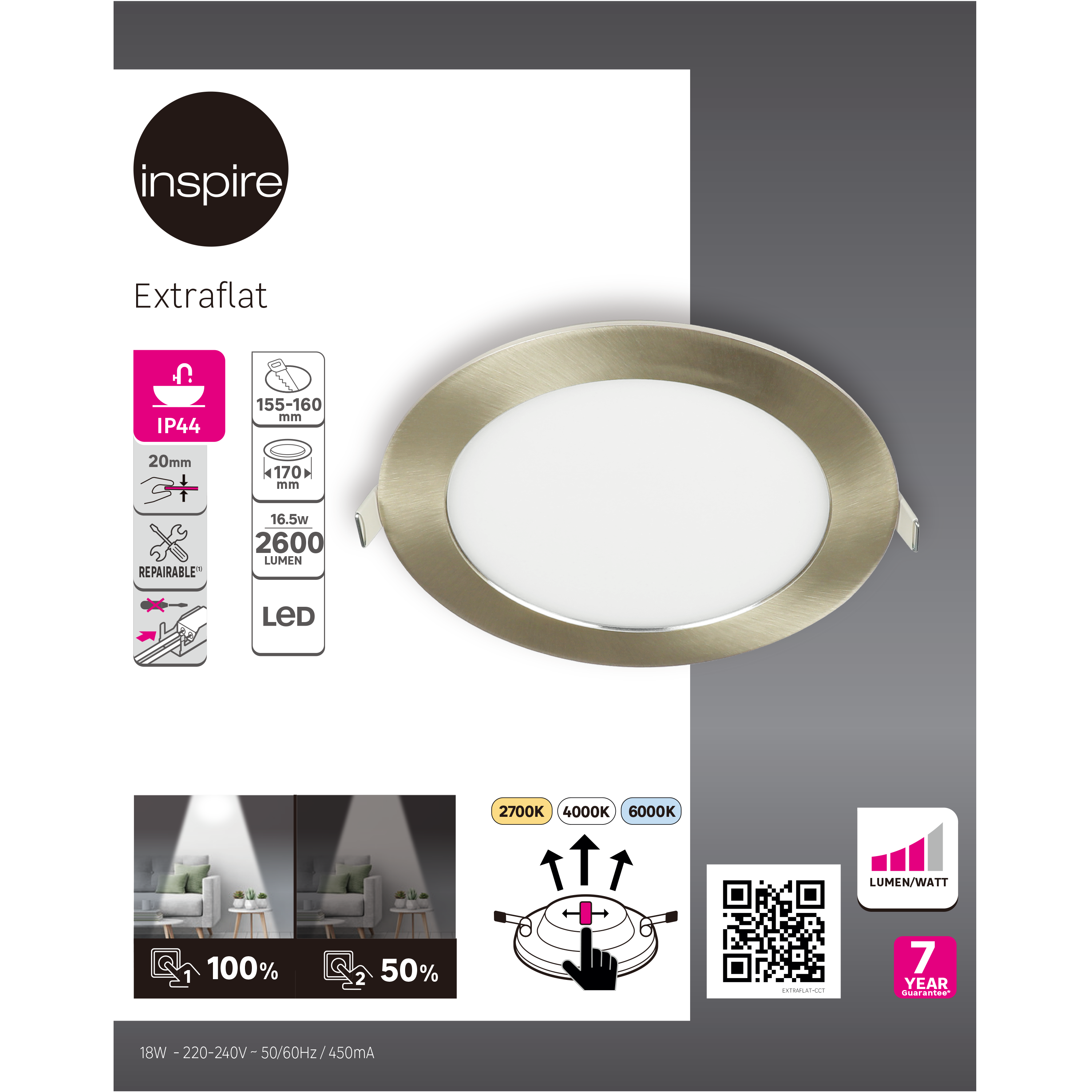 Foco incorporado com fonte de luz LED 2600lm IP44 16.5W 17x2x2 cm cinza / prateado INSPIRE - 7