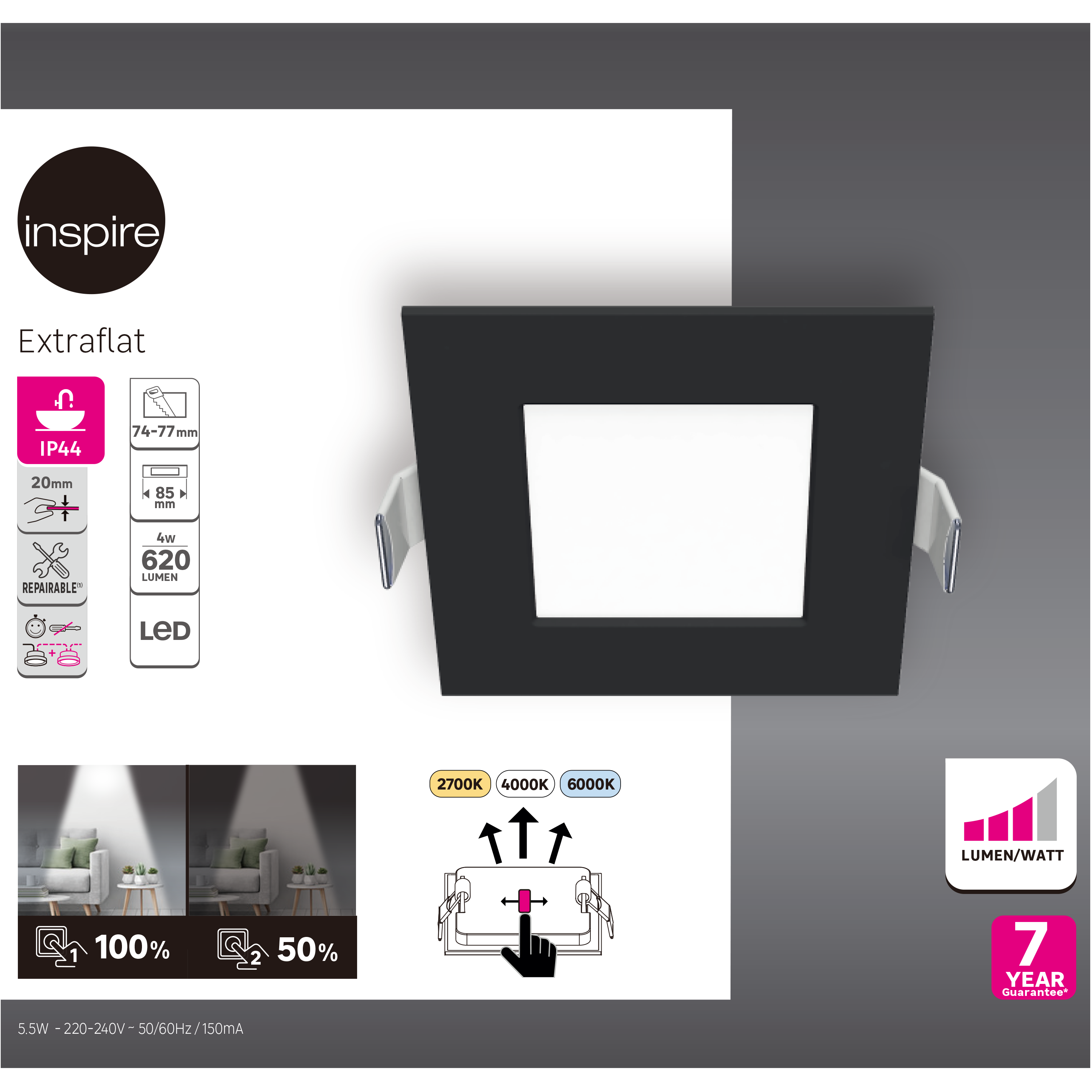 Downlight LED empotrable INSPIRE Extraflat negro cuadrada 620 lm 4 W luz color luz de cálida a fría CCT (2700K-6000K) IP44 - Foco LED empotrado para baños - 4