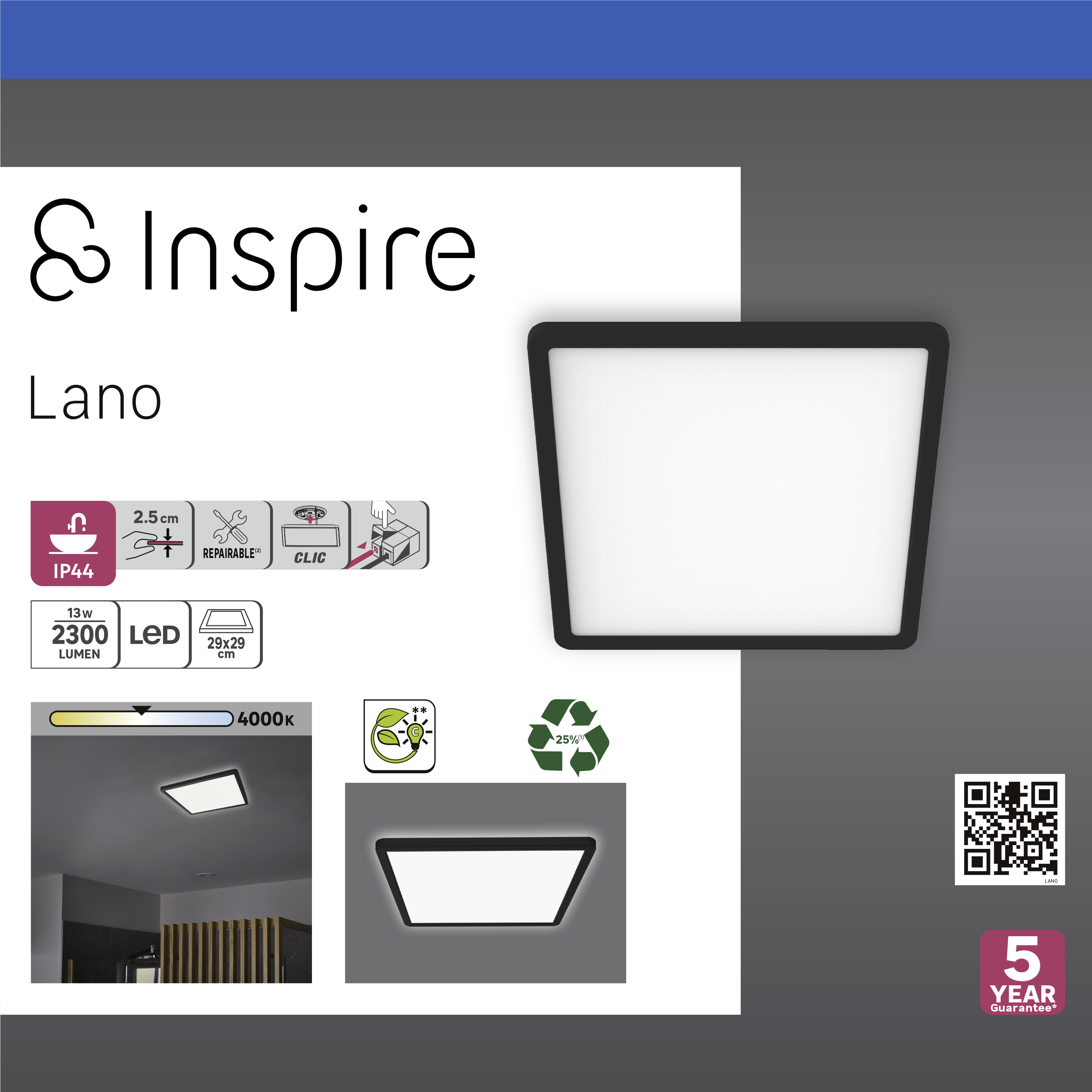 Panneau LED salle de bain Lano, 29x29 cm, blanc neutre, noir INSPIRE - 2