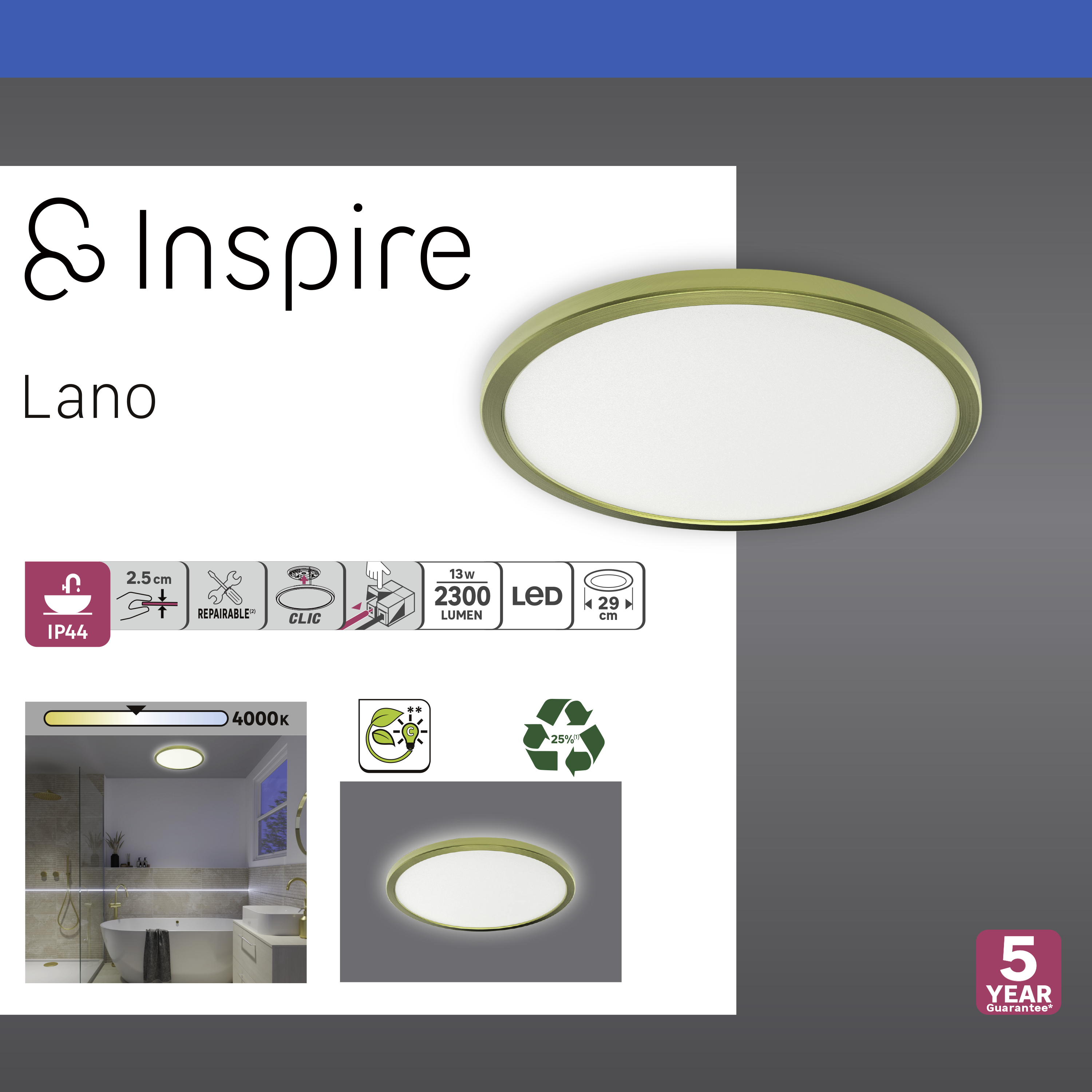 Plafón  INSPIRE Módulo LED 1700 lm dorado 29 cm blanco - 5