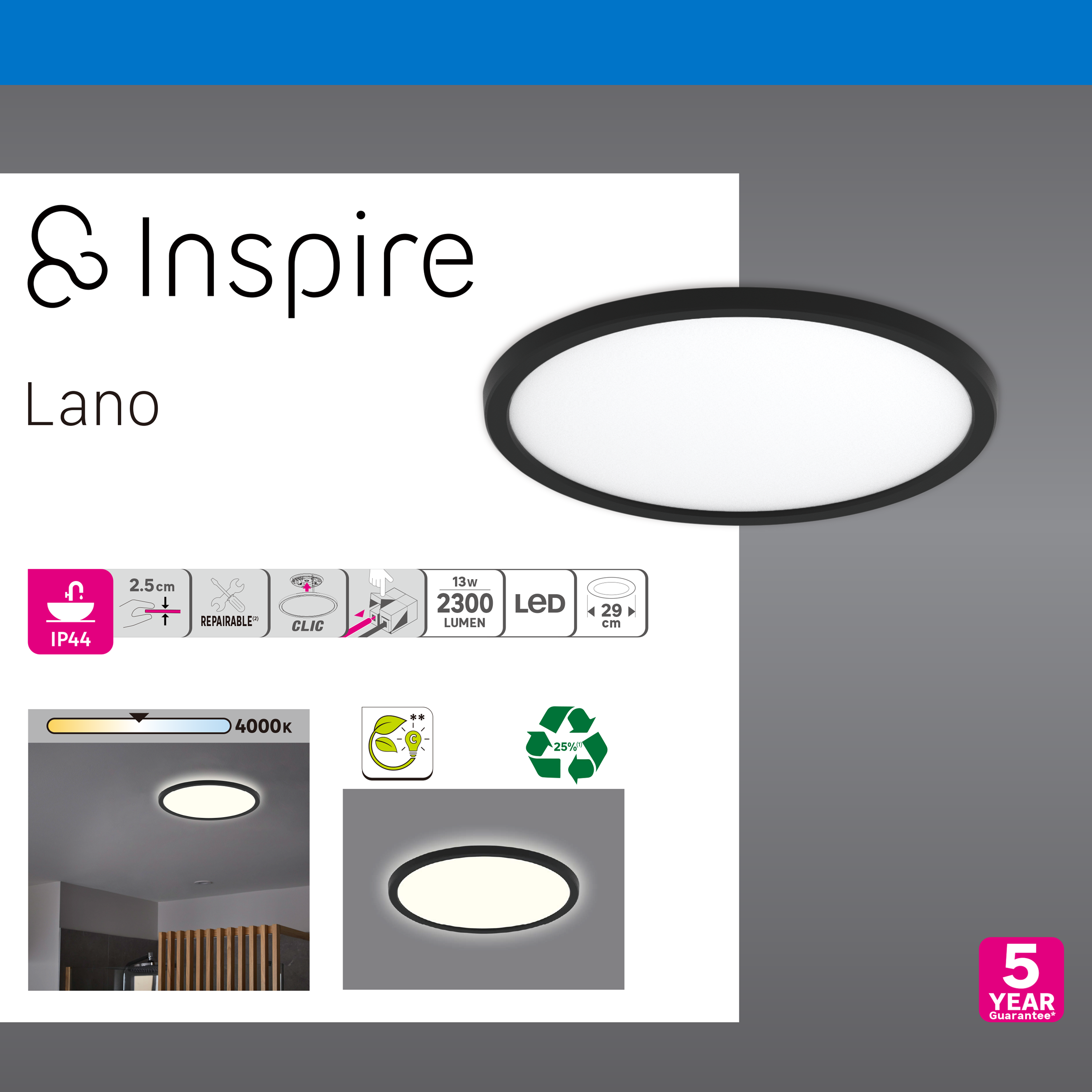 Plafonnier LED salle de bain Lano, D.29 cm 2300 lm blanc neutre, noir INSPIRE - 2