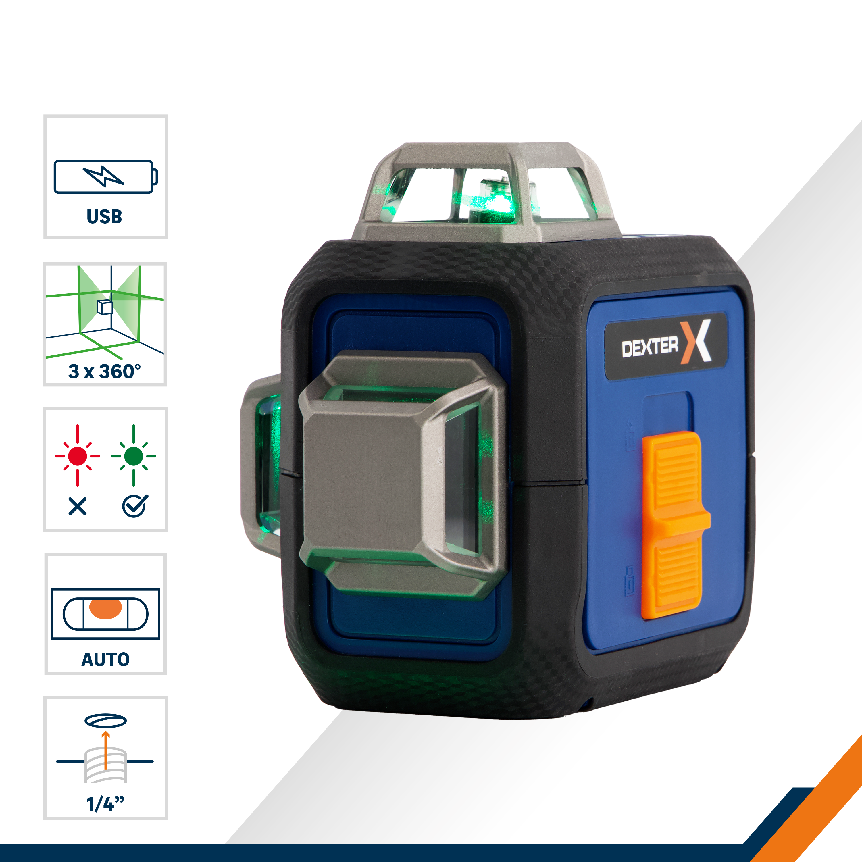 Niveau laser 3D 360° vert DEXTER + batterie + support + mallette + cible - 3