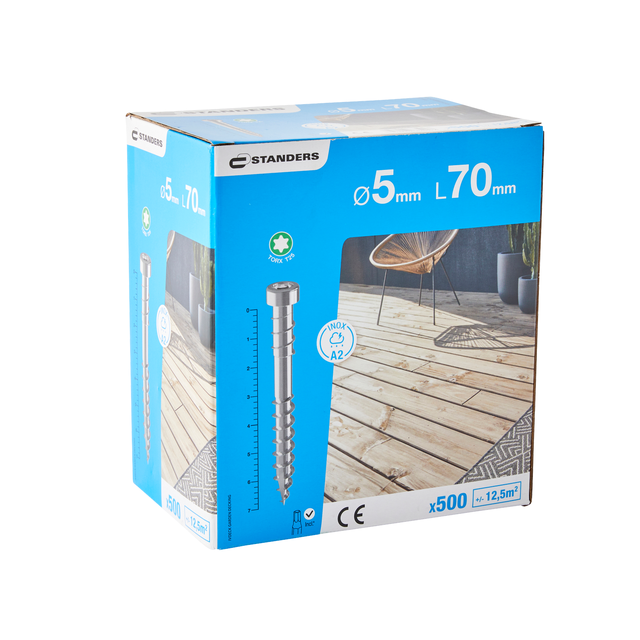 500 vis TORX inox STANDERS, Ø5.0 x L.70.0 mm + Embout