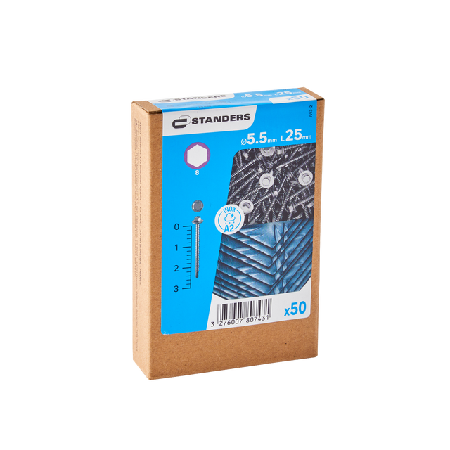 50 Tornillos con cabeza hexagonal 8 de acero inoxidable STANDERS ø 5.5 x L.25 mm