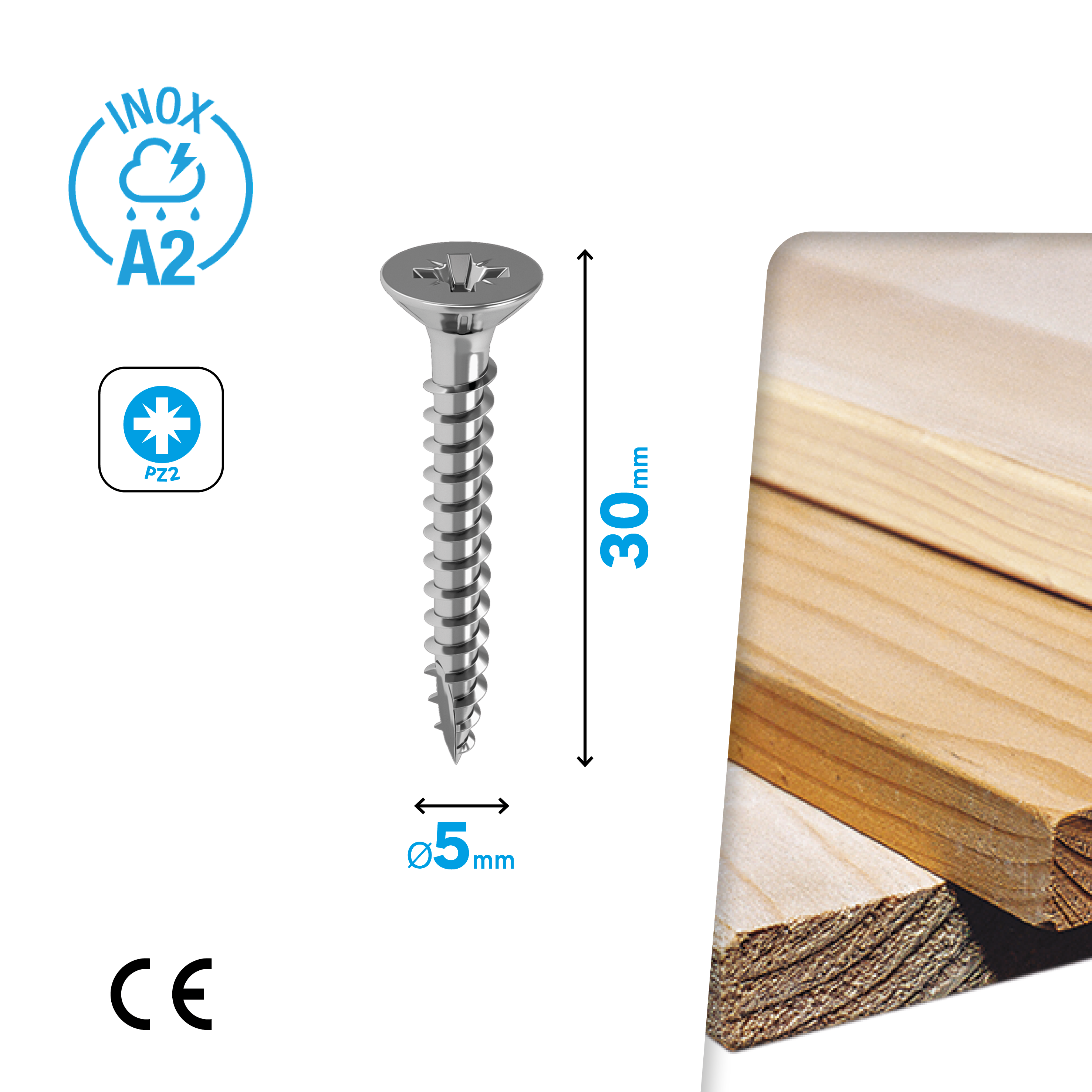 Wkręt do drewna 5x30 mm stal nierdzewna płaski łeb stożkowy Pozidriv 12 sztuk Standers - 2