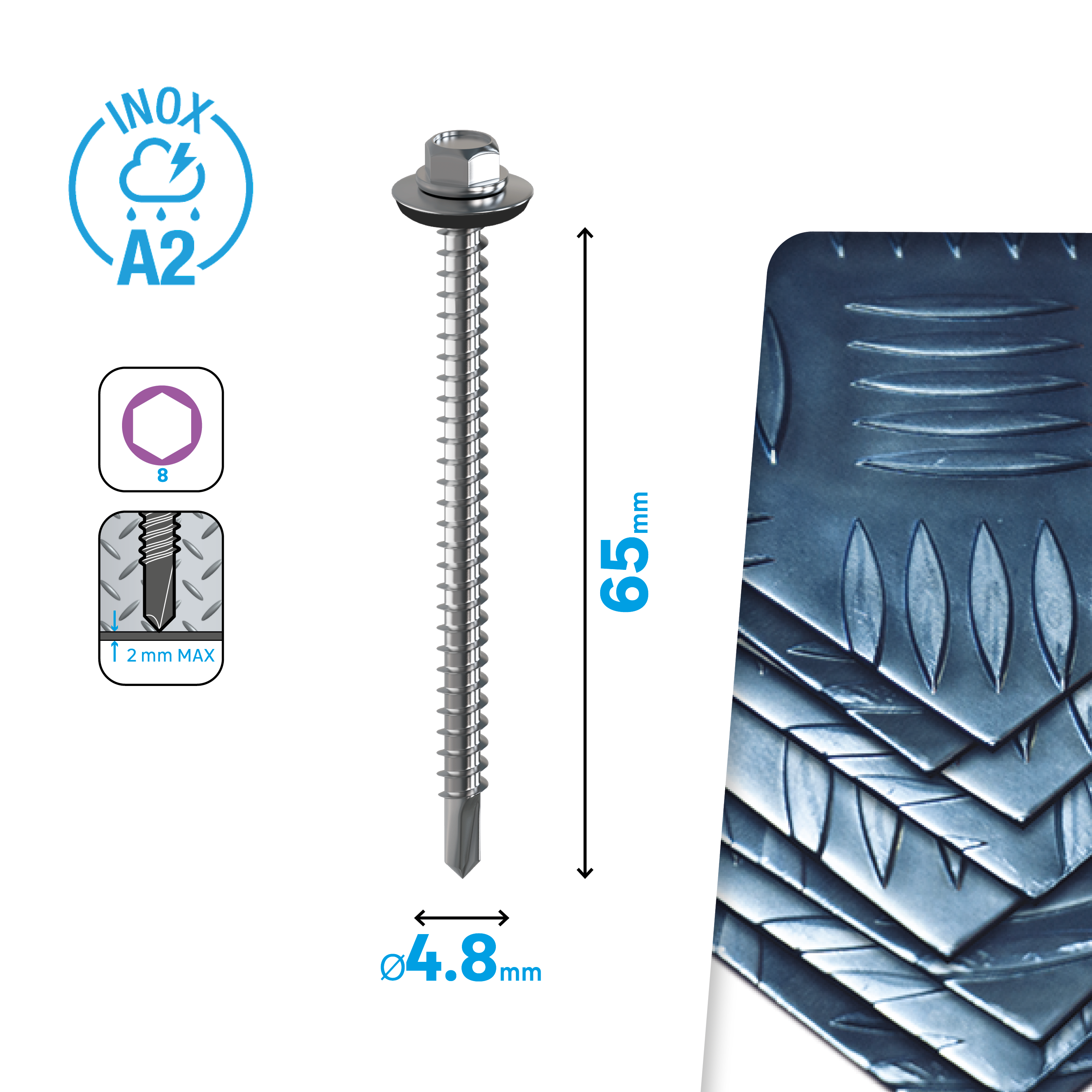 Caixa 50 Parafusos Autoroscantes Sextavado p/telha STANDERS inox a2 4.8x65 - 8