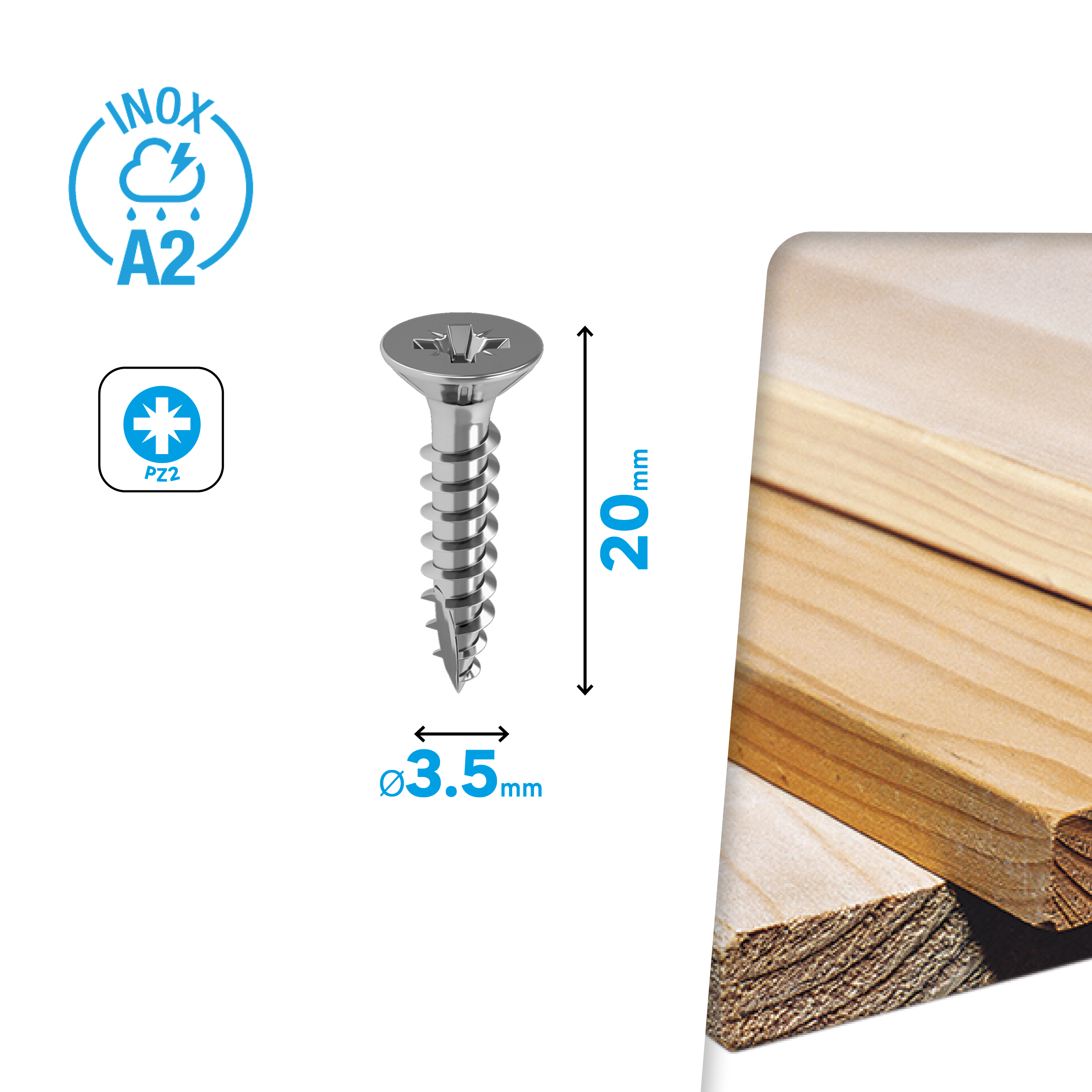 30 Tornillos con cabeza avellanada PZ2 de acero inoxidable STANDERS ø 3.5 x L.20 mm - 3