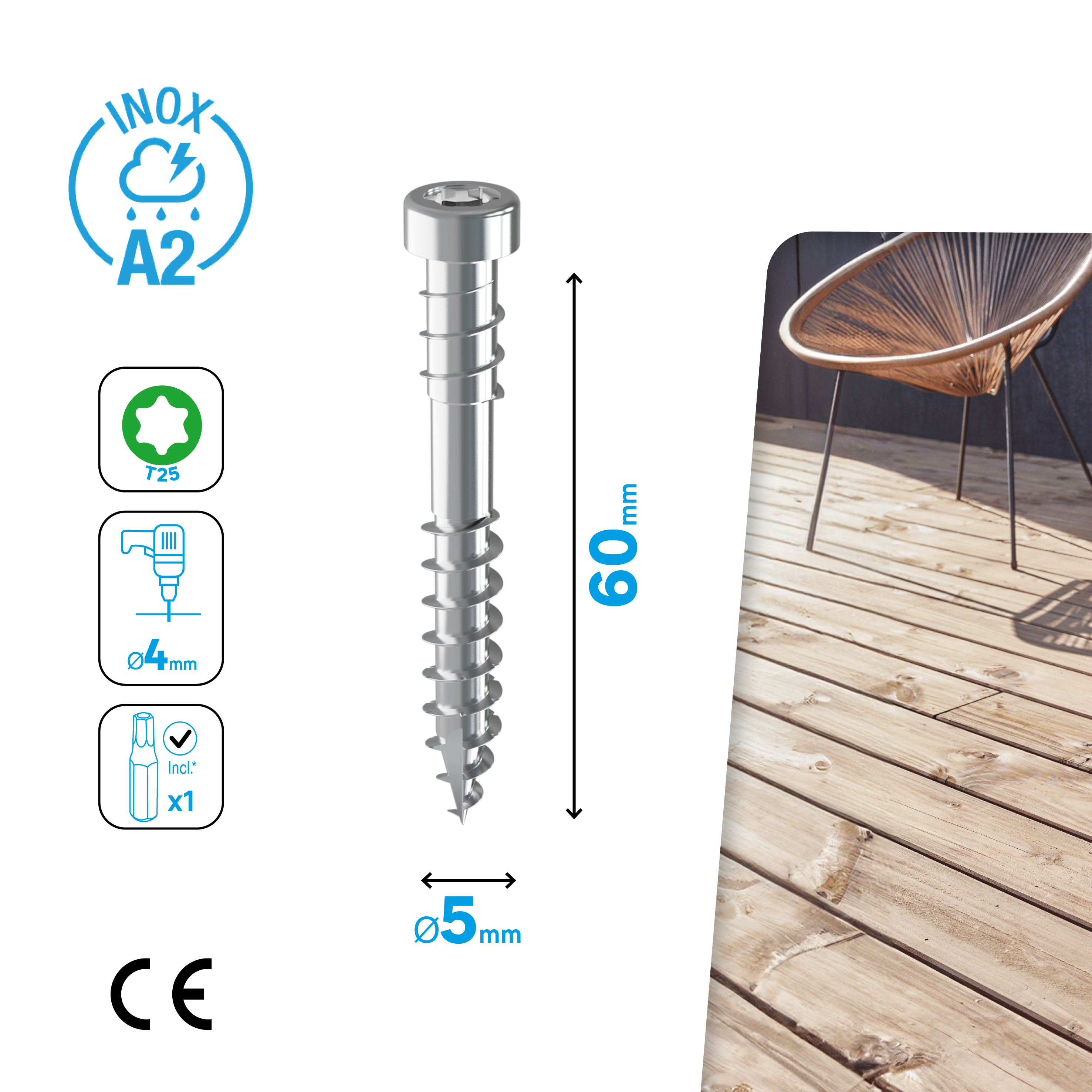 Wkręt do tarasów drewnianych 5x60 mm stal nierdzewna A2 łeb walcowaty 200 sztuk Torx Standers - 2