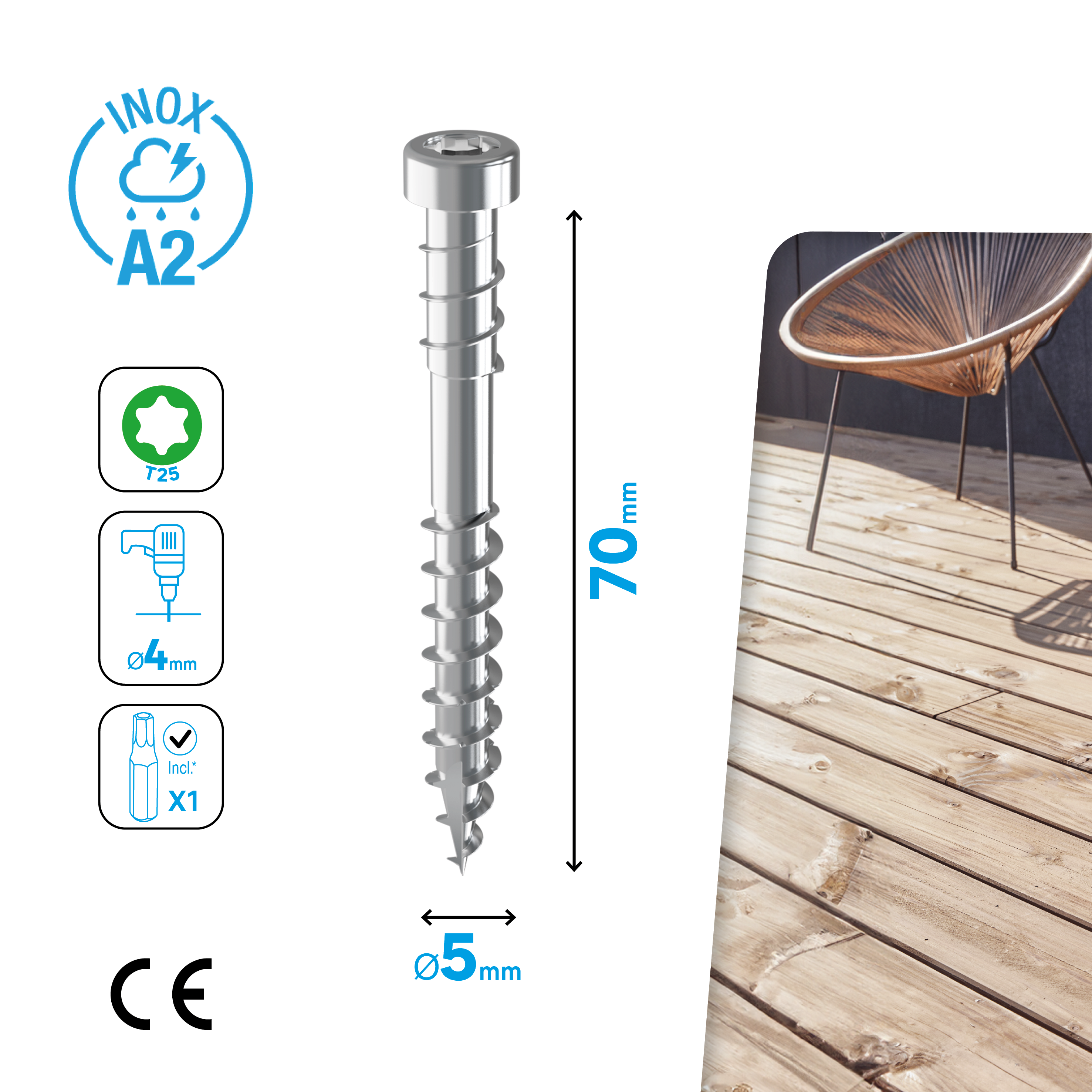 500 vis TORX inox STANDERS, Ø5.0 x L.70.0 mm + Embout - 6