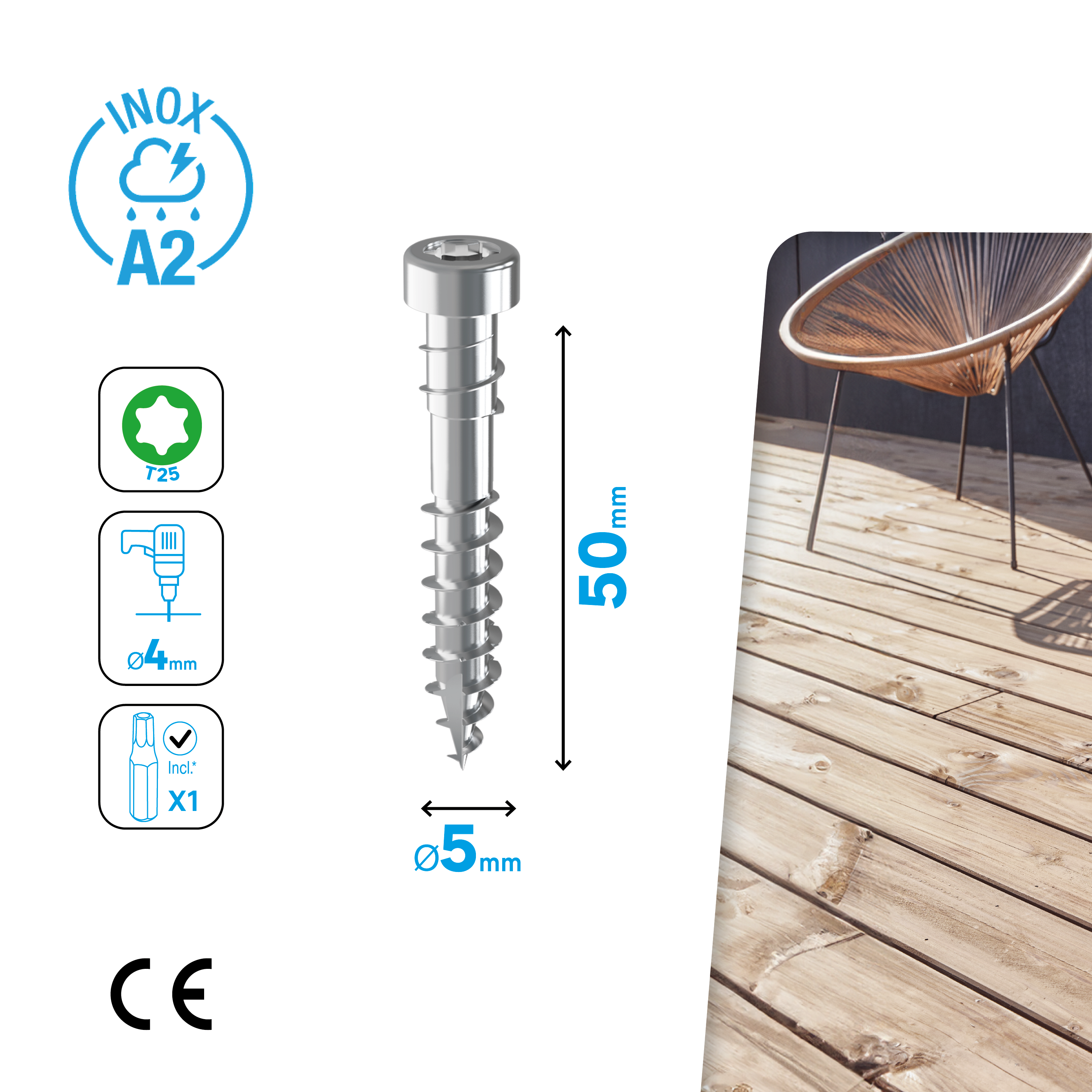 500 vis TORX inox STANDERS, Ø5.0 x L.50.0 mm + Embout - 6