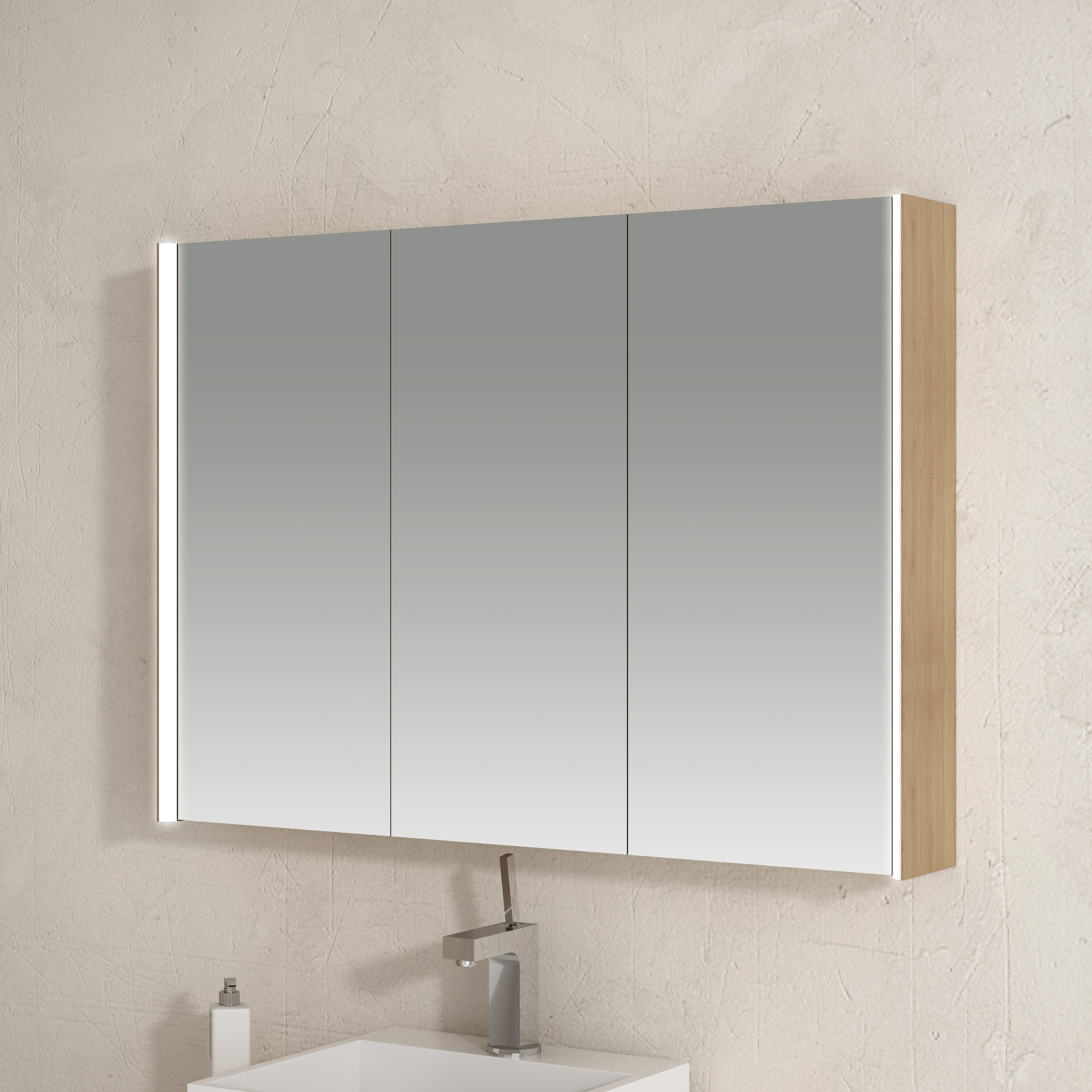 Armario de baño con luz ari fabricado en melamina imitación roble natural, puertas con cierre amortiguado y espejo en cara exterior. incluye iluminación led encastrada en ambos costados dirigiendo la luz hacia el interior. 80x72x14.5 cm