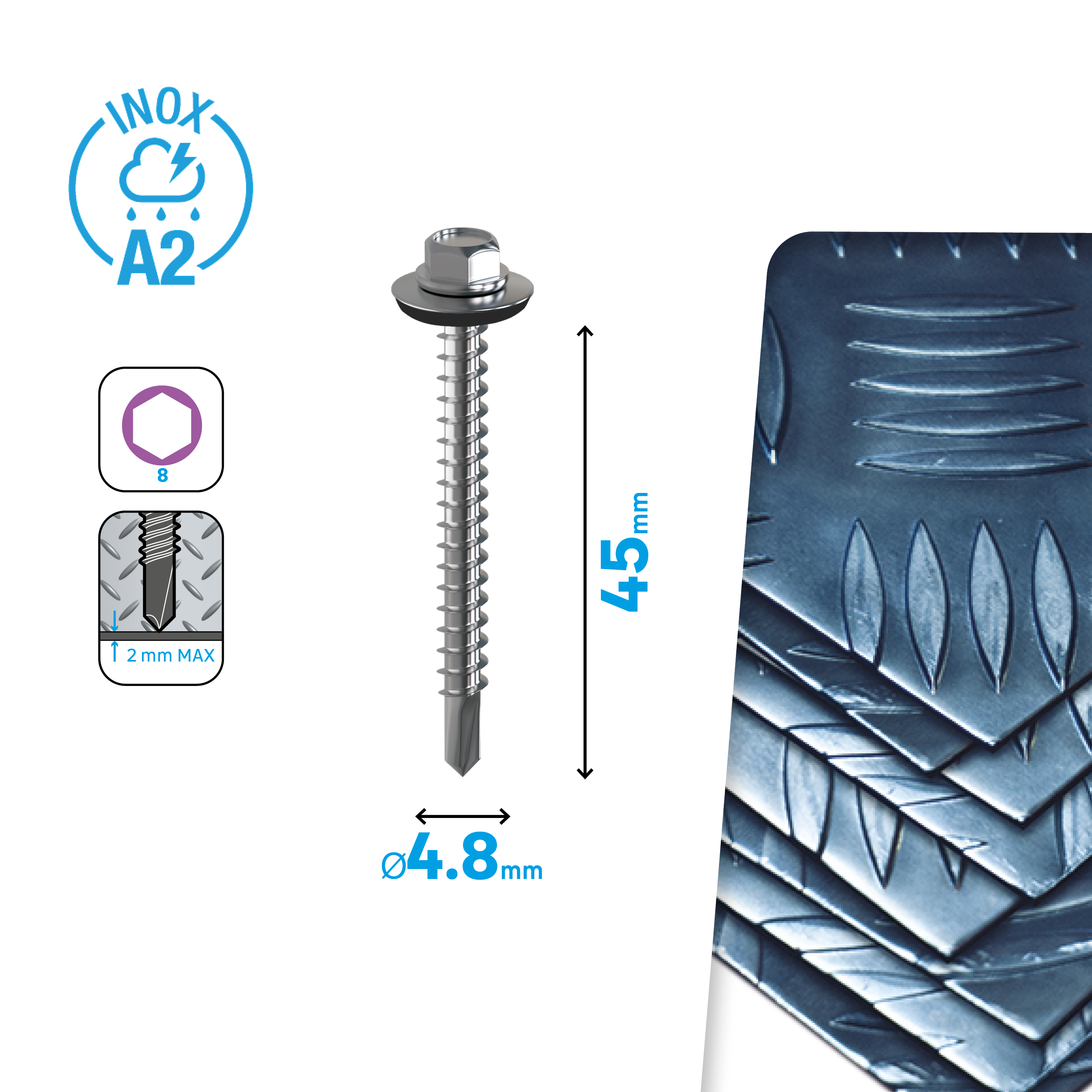 Caixa 50 Parafusos Autoroscantes Sextavado p/telha STANDERS inox a2 4.8x45 - 8
