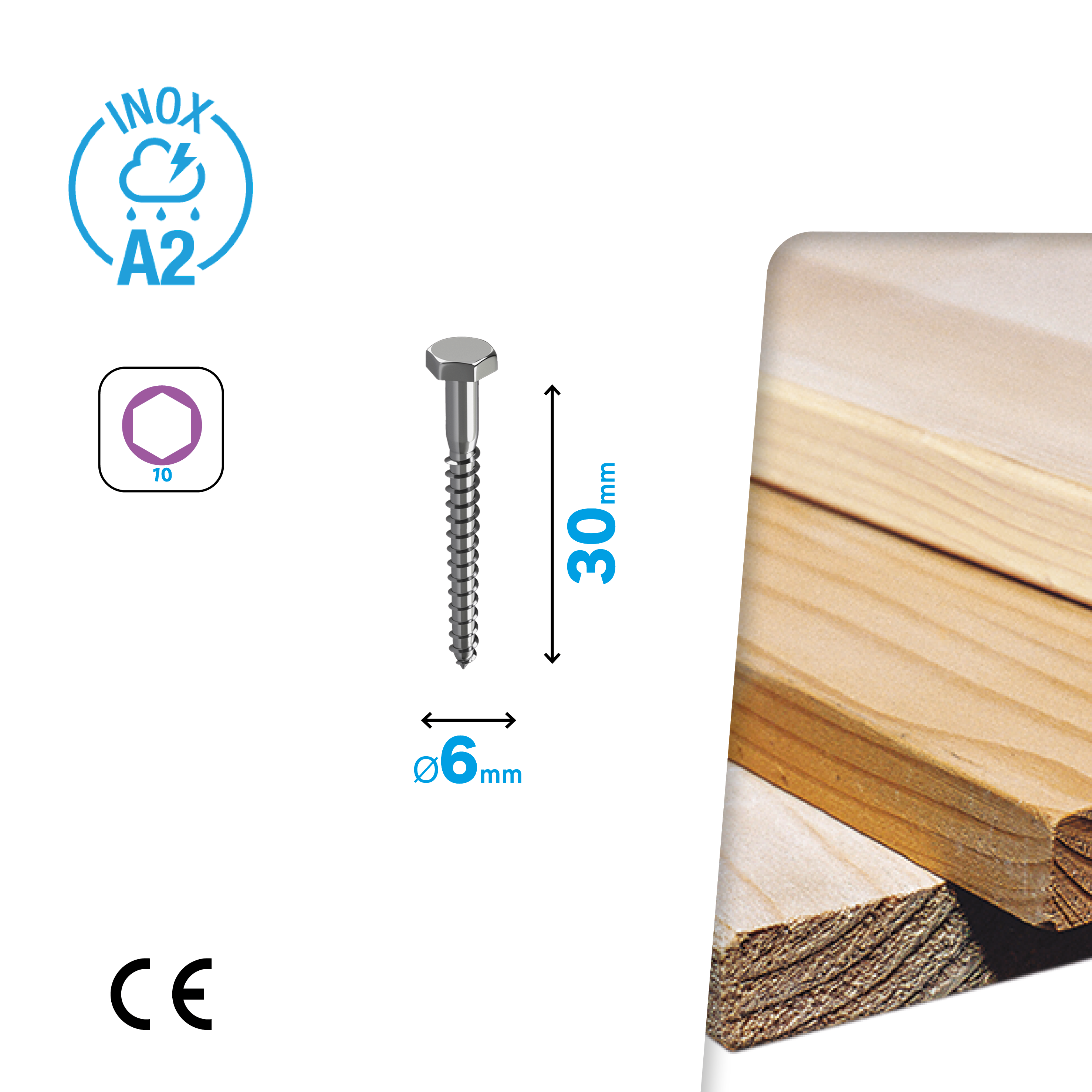 Bolsa 10 Parafusos Sextavados STANDERS inox A2 6x30 - 7