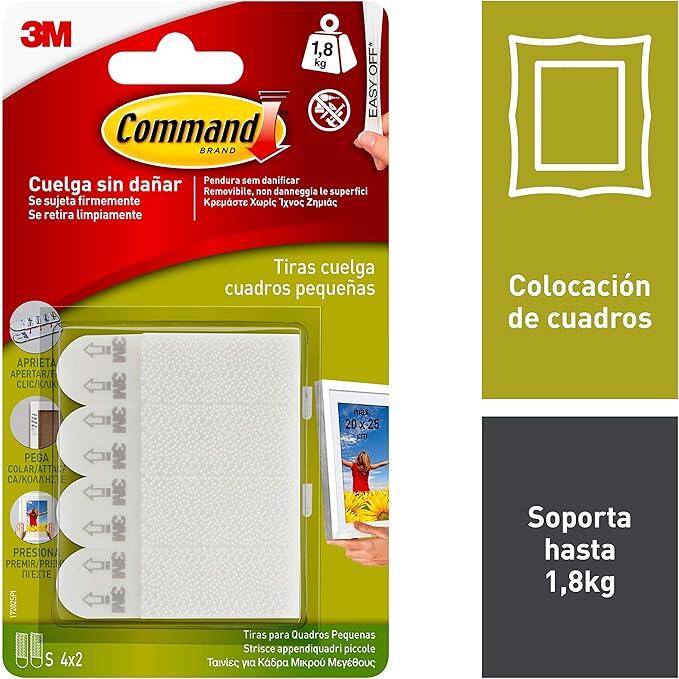 Pack de 4 tiras adhesivas pequeñas para colgar cuadros, hasta 1.8 kg, blanco - 2