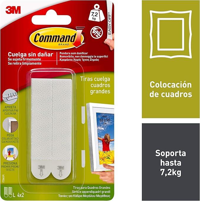 Pack de 4 tiras adhesivas grandes para colgar cuadros, hasta 7.2 kg, blanco - 2