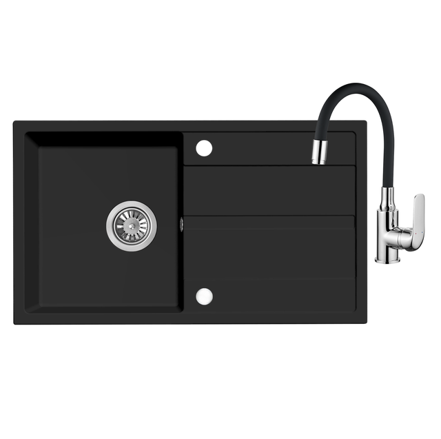 Zlewozmywak granitowy Hack czarny 76 cm z baterią elastyczną Kuchinox